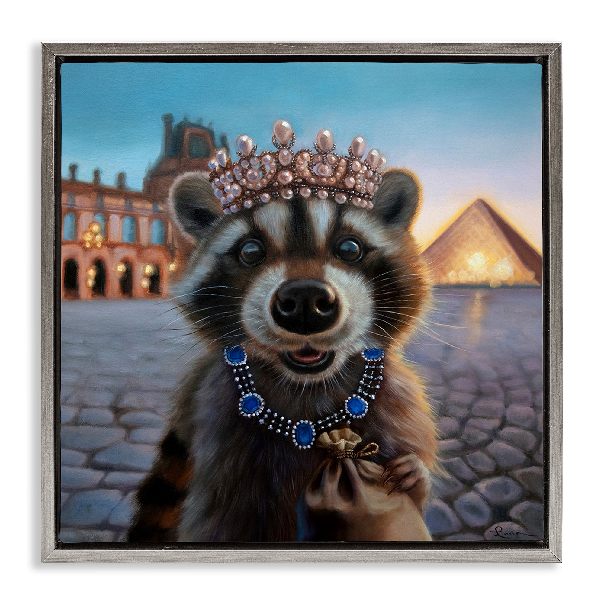 Stupell Industries Louvre Loot Raccoon Gray Framed Floater Canvas Wall Art, design by Lucia Heffernan