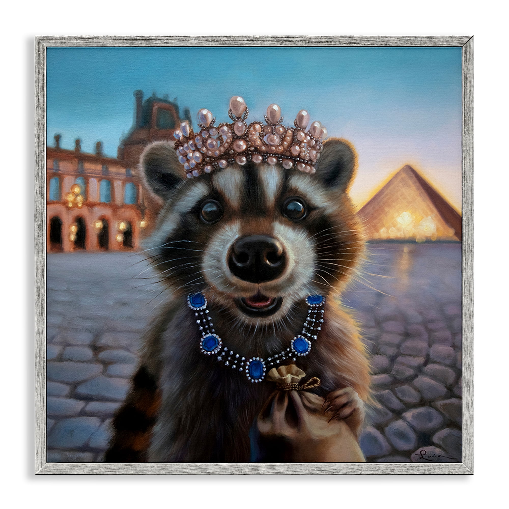 Stupell Industries Louvre Loot Raccoon Gray Framed Giclee Art, design by Lucia Heffernan