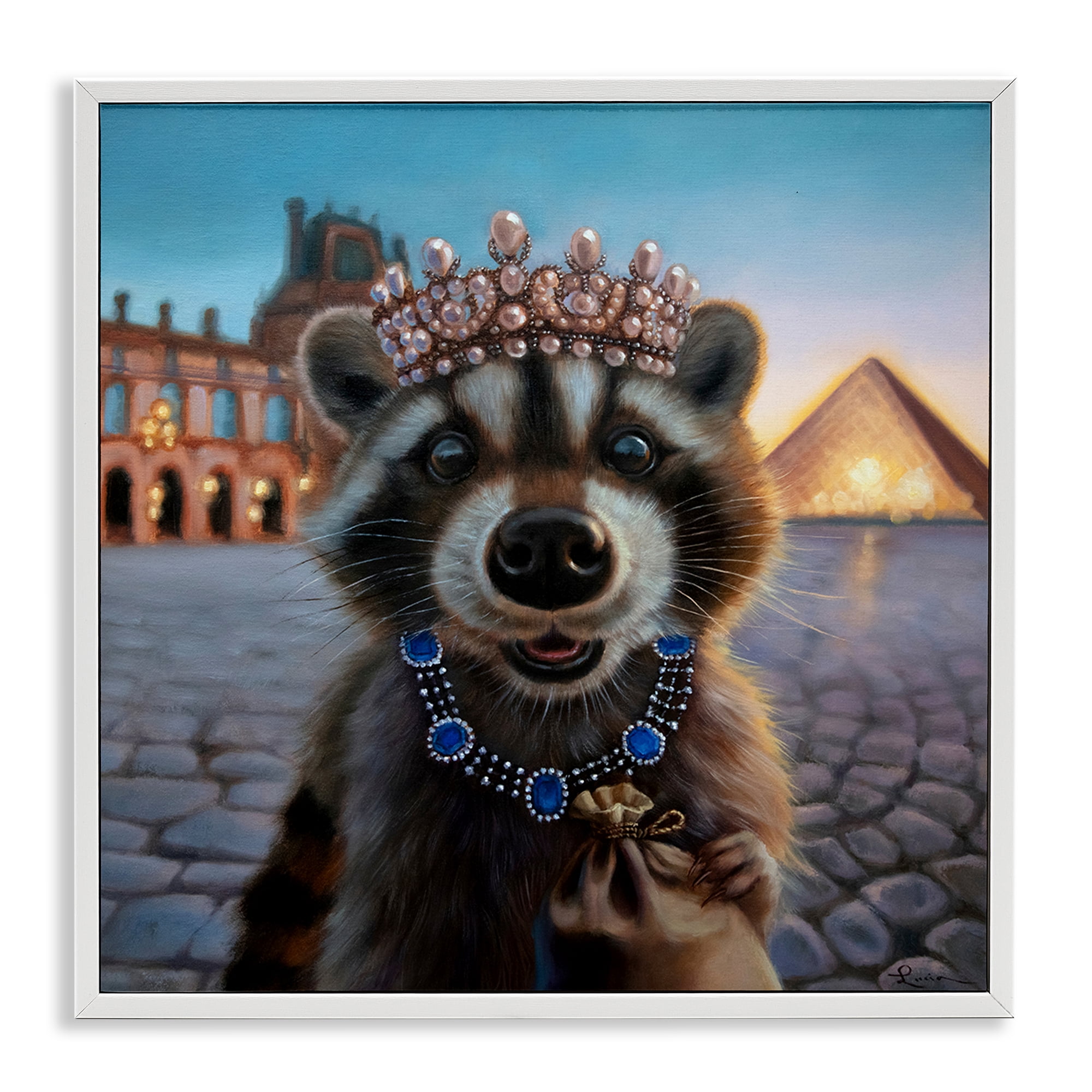 Stupell Industries Louvre Loot Raccoon White Framed Giclee Art, design by Lucia Heffernan