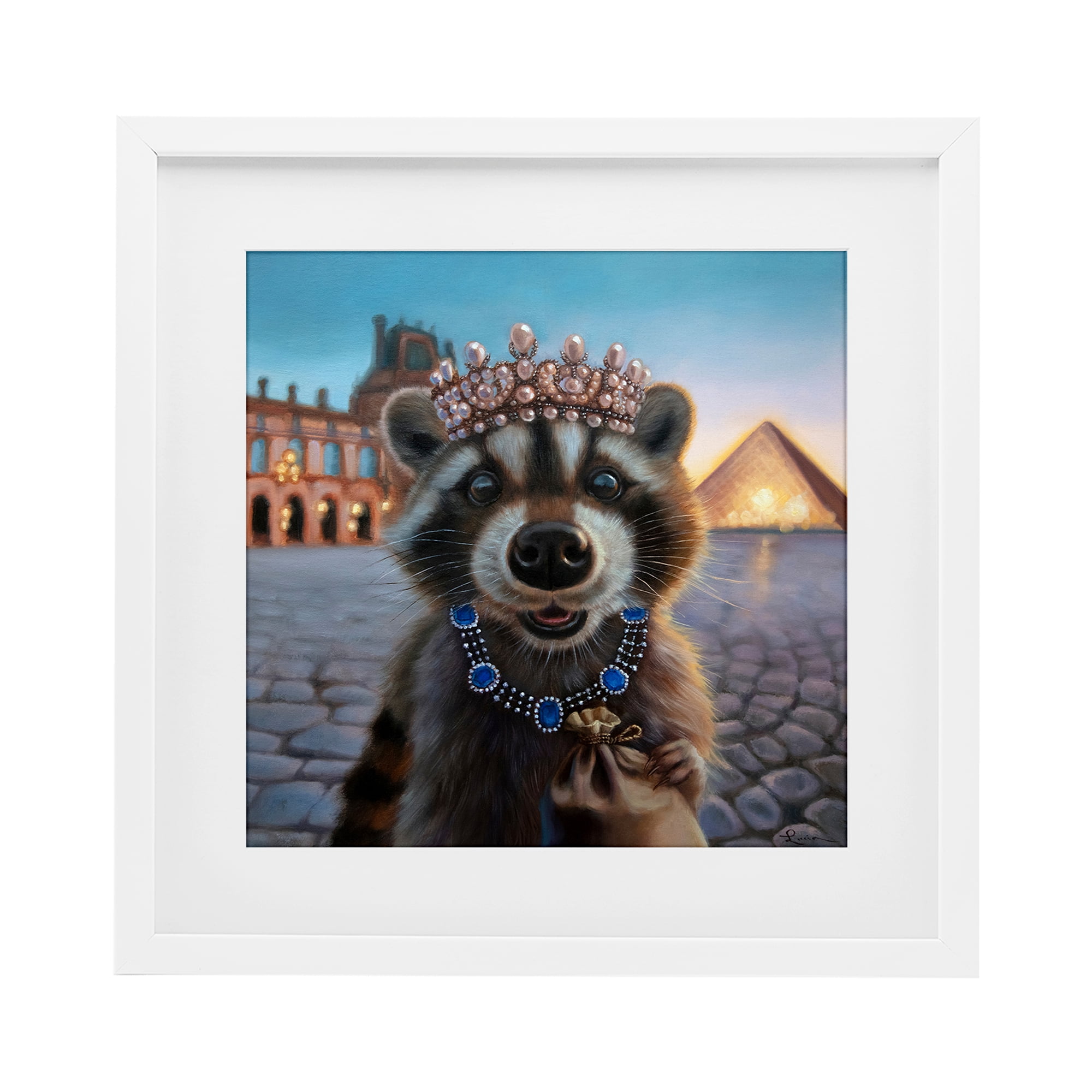 Stupell Industries Louvre Loot Raccoon White Framed Print Under Glass, design by Lucia Heffernan