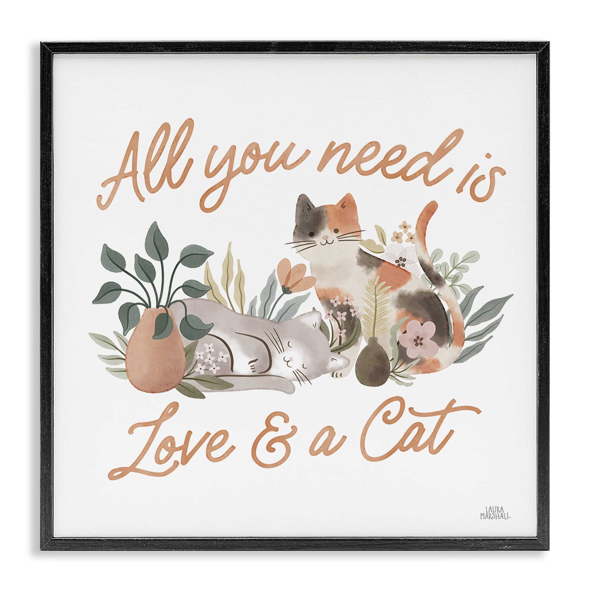 Stupell Industries Love & A Cat Phrase Animals & Insects Painting Black Framed Art Print Wall Art, 17 x 17