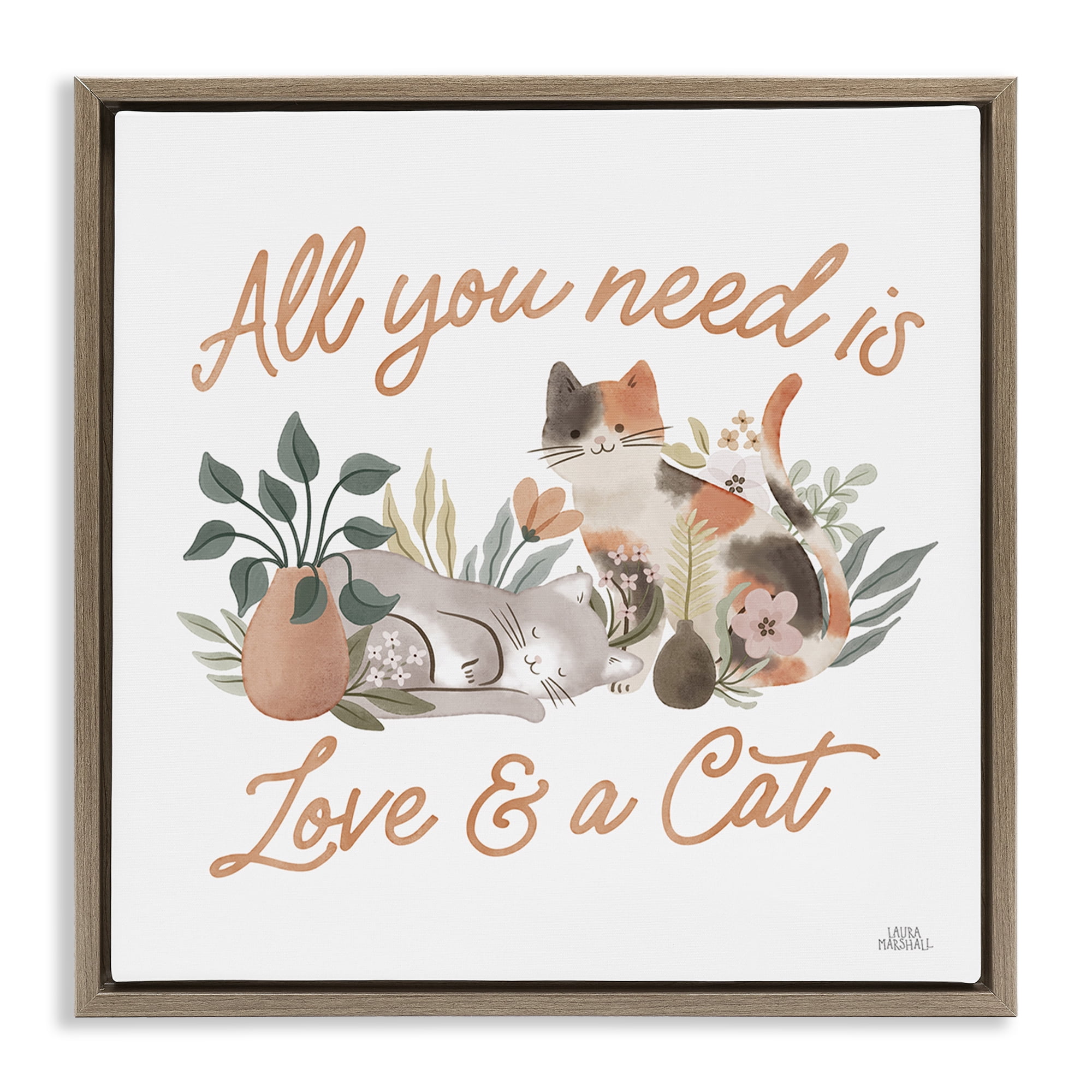 Stupell Industries Love & A Cat Phrase Animals & Insects Painting Brown Floater Framed Canvas Art Print Wall Art, 18 x 18