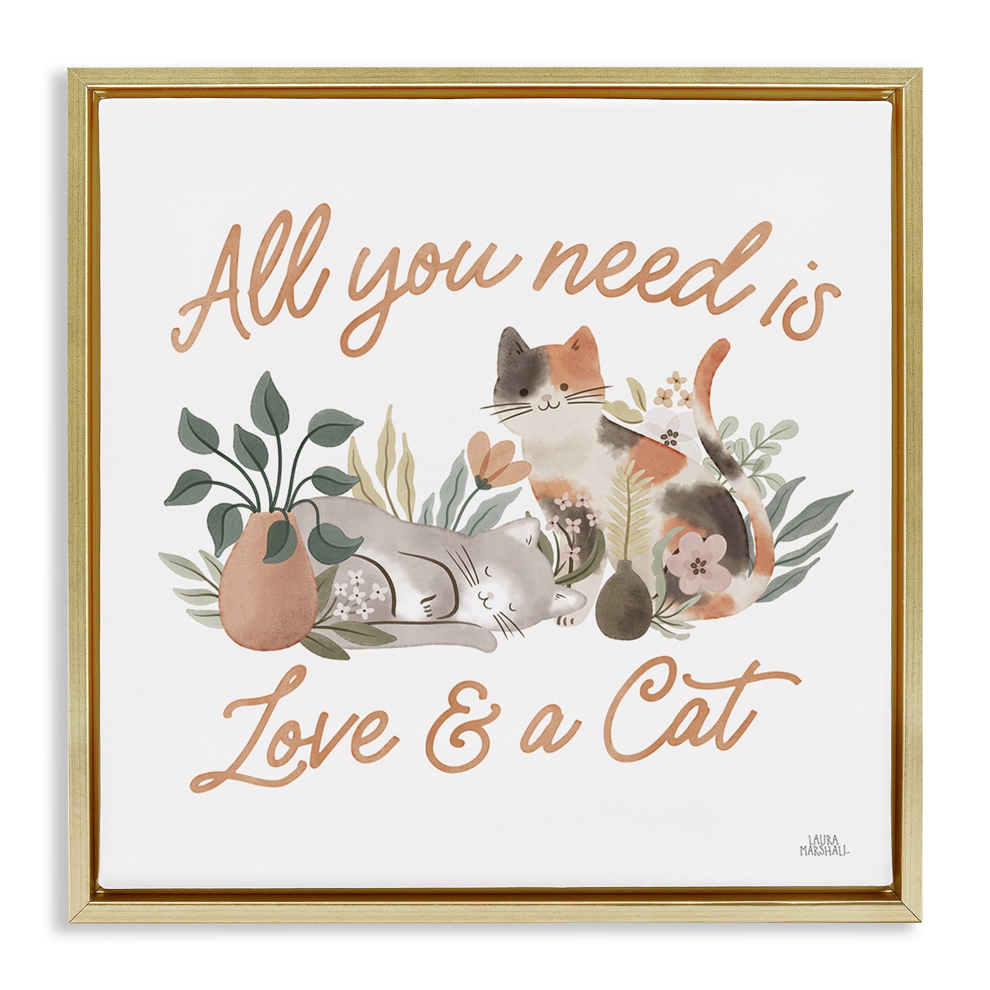 Stupell Industries Love & A Cat Phrase Animals & Insects Painting Gold Floater Framed Canvas Art Print Wall Art, 25 x 25