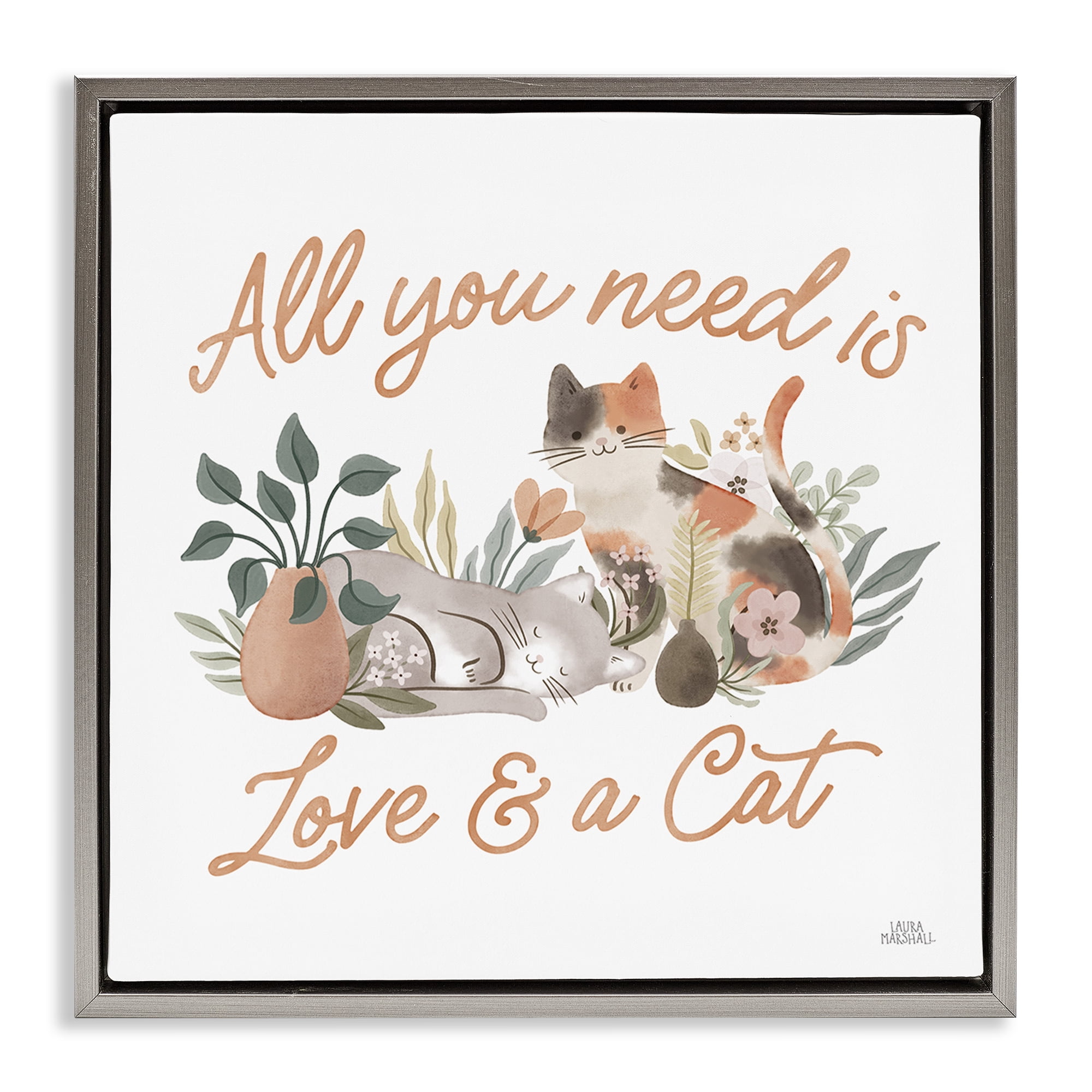 Stupell Industries Love & A Cat Phrase Animals & Insects Painting Gray Floater Framed Canvas Art Print Wall Art, 18 x 18