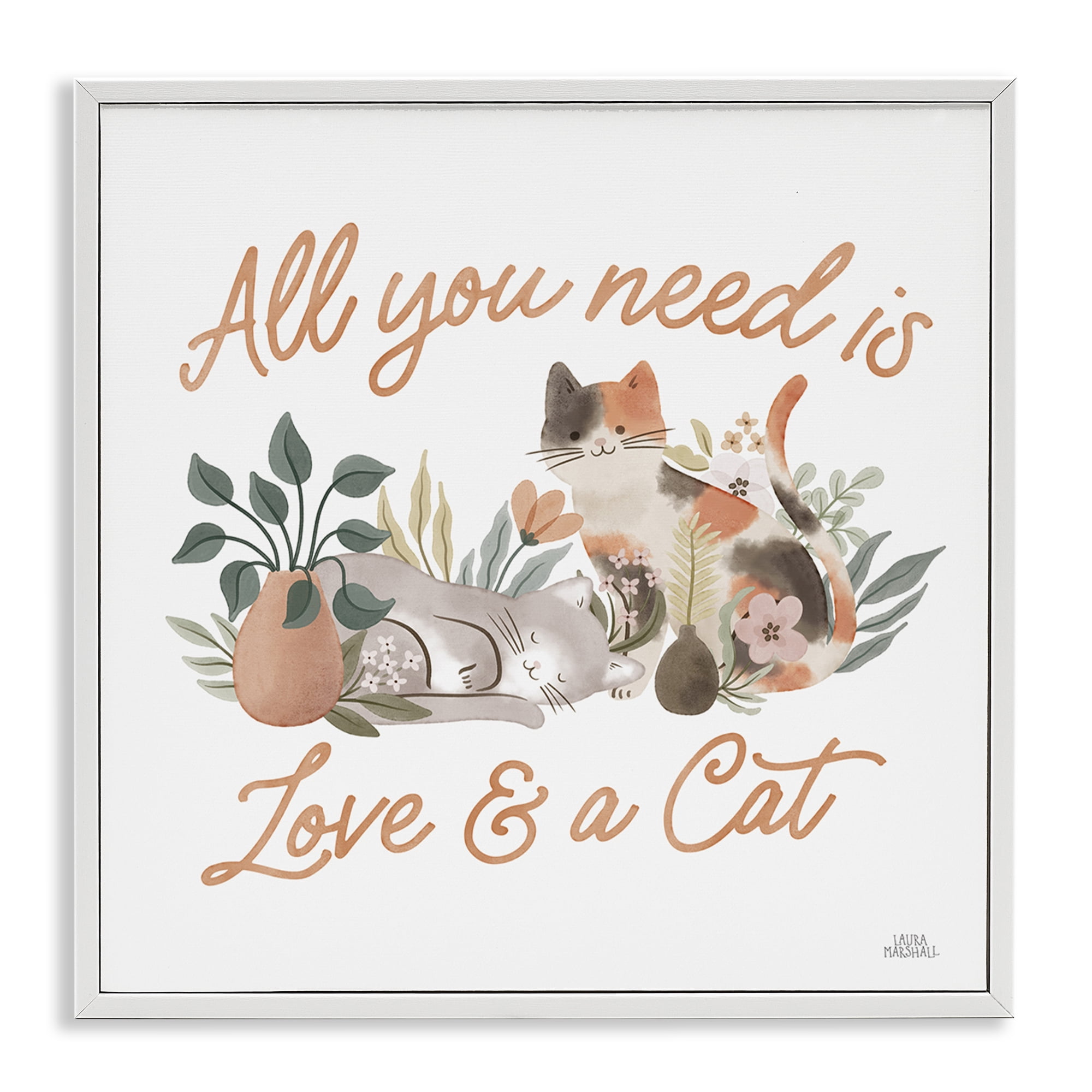 Stupell Industries Love & A Cat Phrase Animals & Insects Painting White Framed Art Print Wall Art, 24 x 24
