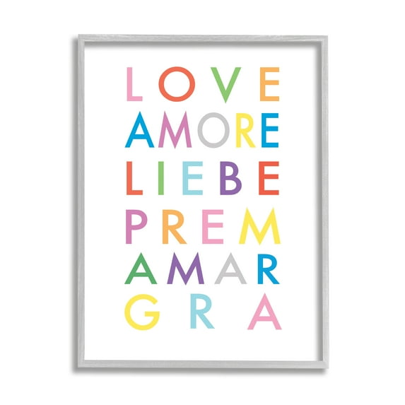 Stupell Industries Love Amore Liebe Romantic Phrases Bold Rainbow Text Graphic Art Gray Framed Art Print Wall Art, 11x14, by Elizabeth Tyndall
