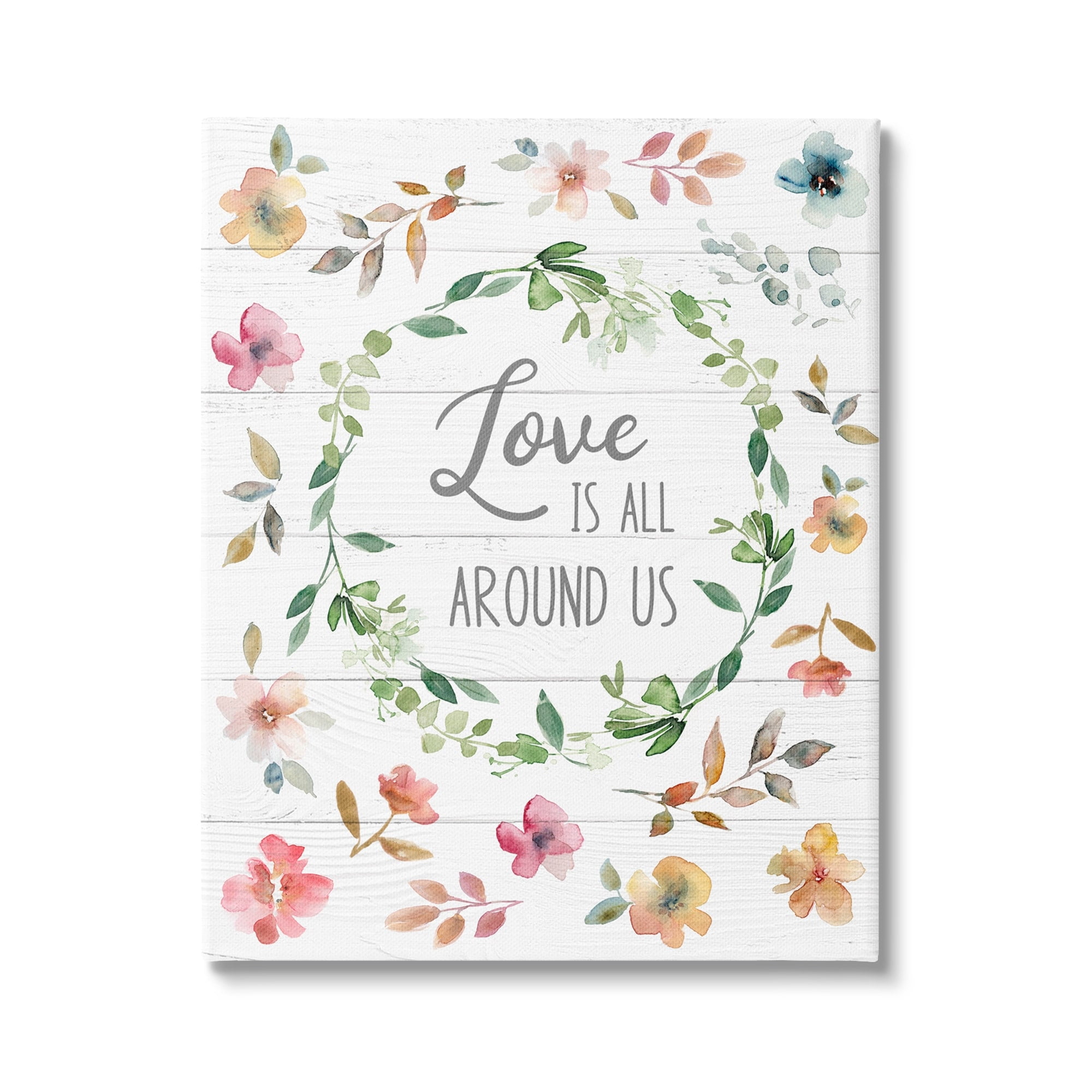 Stupell Industries Love is Around Us Motivational Spring Phrase Watercolor Flowers Modern Painting Gallery-Wrapped Canvas Print Wall Art, 30 x 40, Design by Carol Robinson
