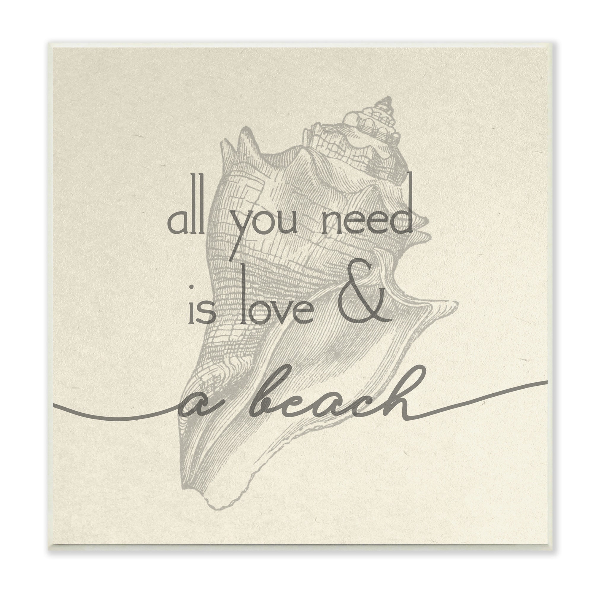 Stupell Industries Love & Beach Typography Phrase Seashell Motif Wood Wall Art, 12 x 12, Design by Daphne Polselli