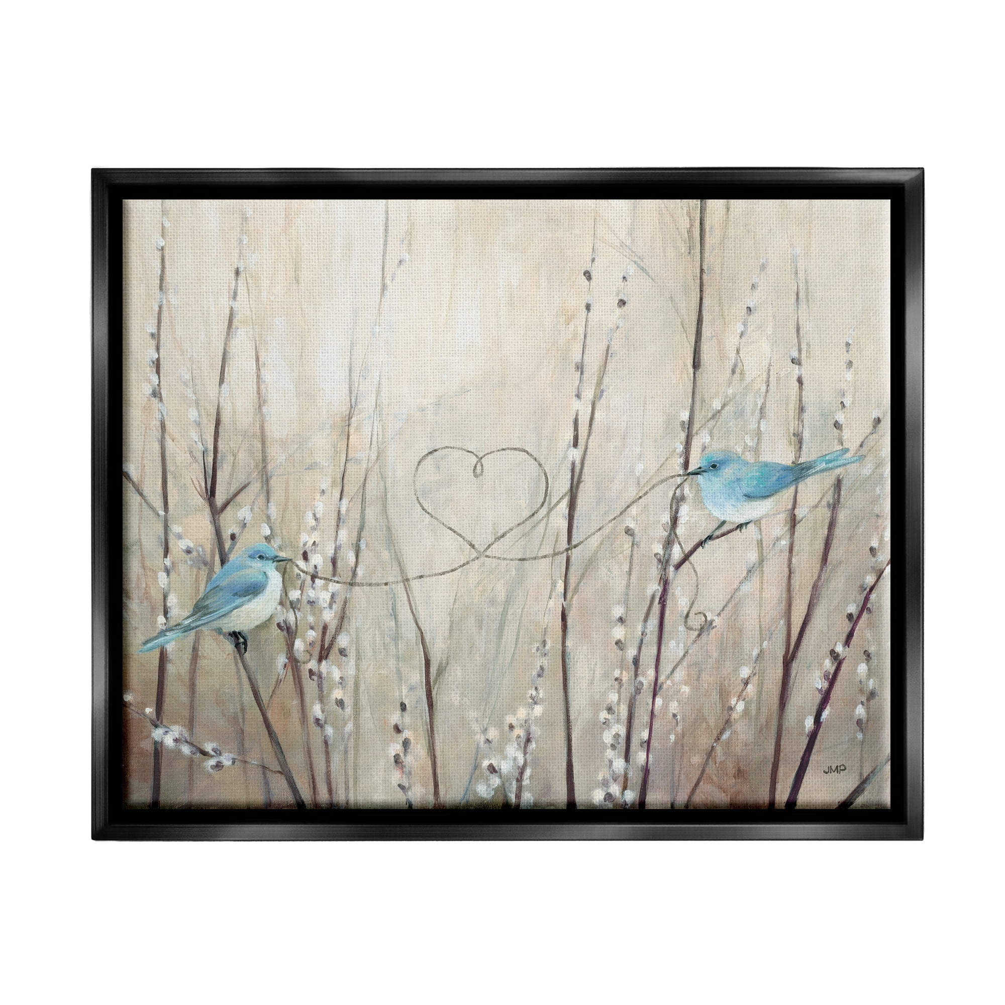 Stupell Industries Love Birds Heart Shape Animals & Insects Painting Black Floater Framed Art Print Wall Art, 31 x 25