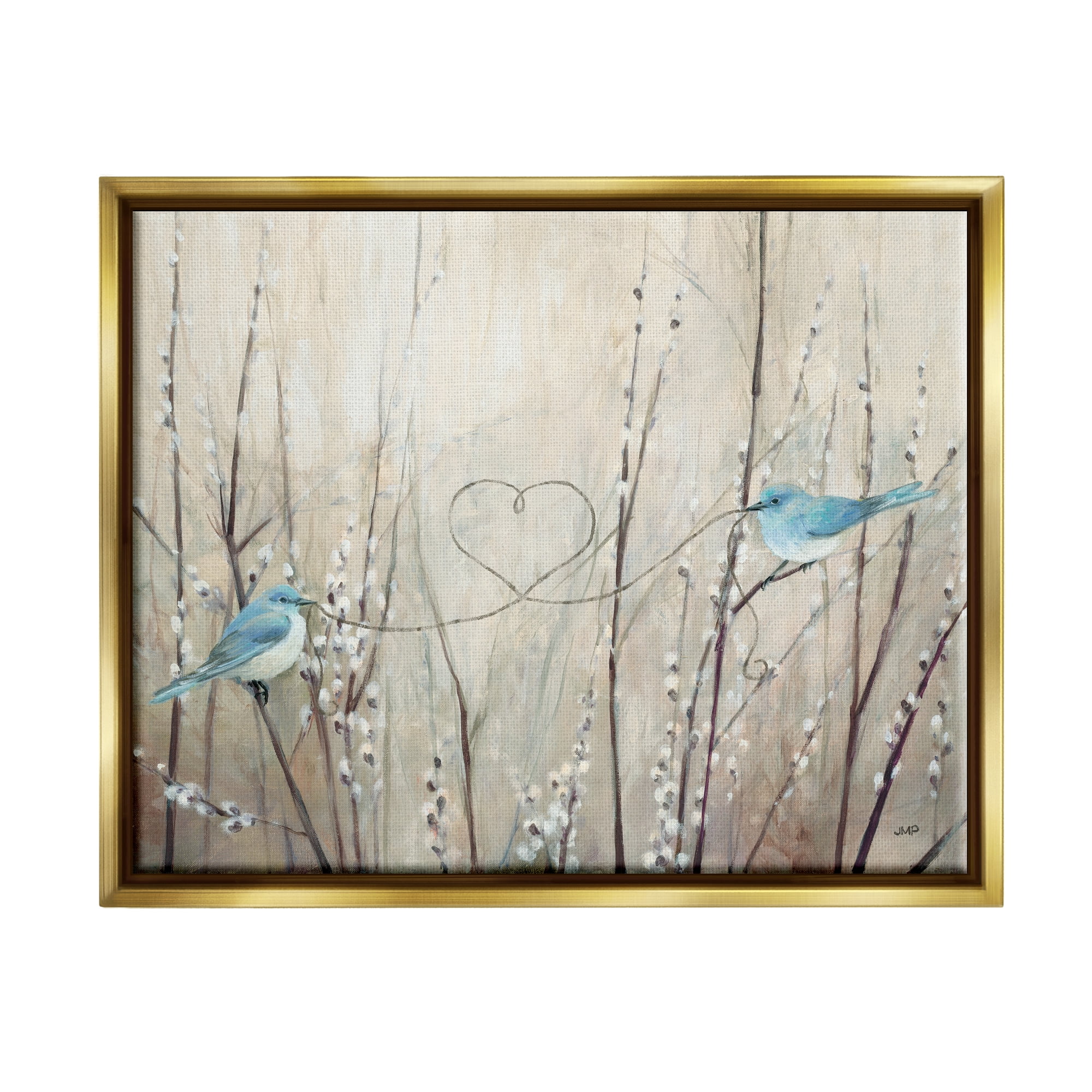Stupell Industries Love Birds Heart Shape Animals & Insects Painting Gold Floater Framed Art Print Wall Art, 21 x 17