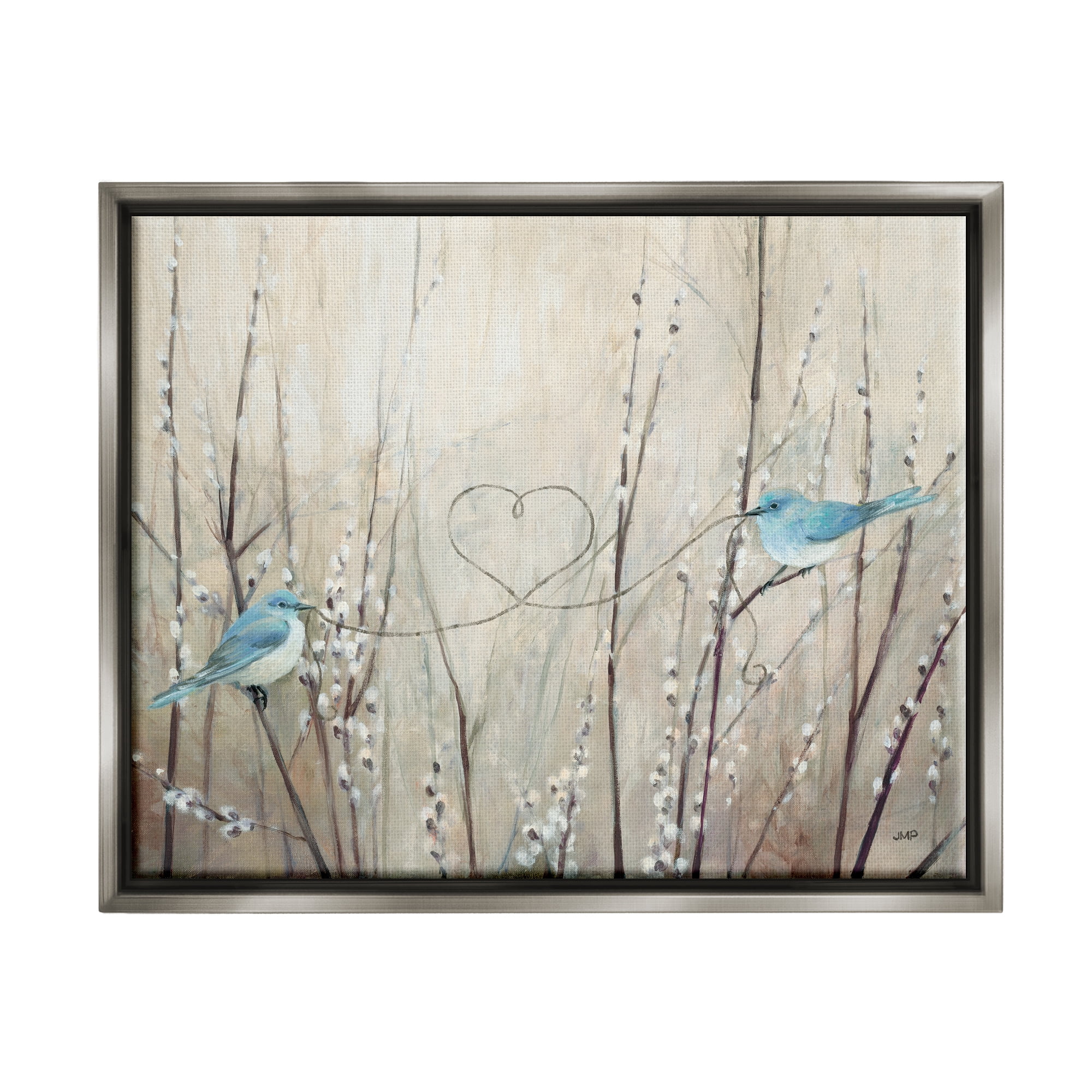 Stupell Industries Love Birds Heart Shape Animals & Insects Painting Gray Floater Framed Art Print Wall Art, 21 x 17