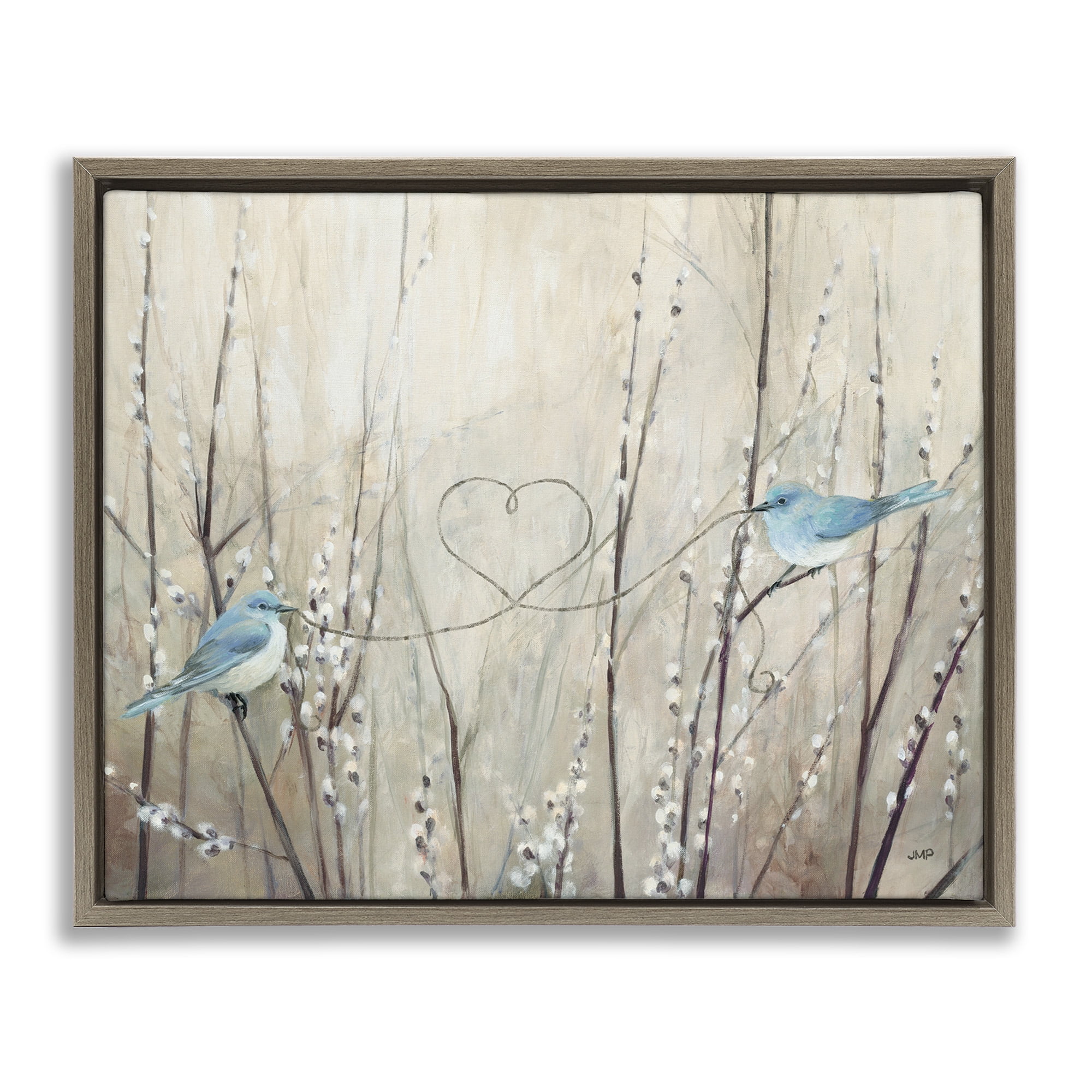 Stupell Industries Love Birds with Heart Shape Animals & Insects Painting Brown Floater Framed Canvas Art Print Wall Art, 21 x 17