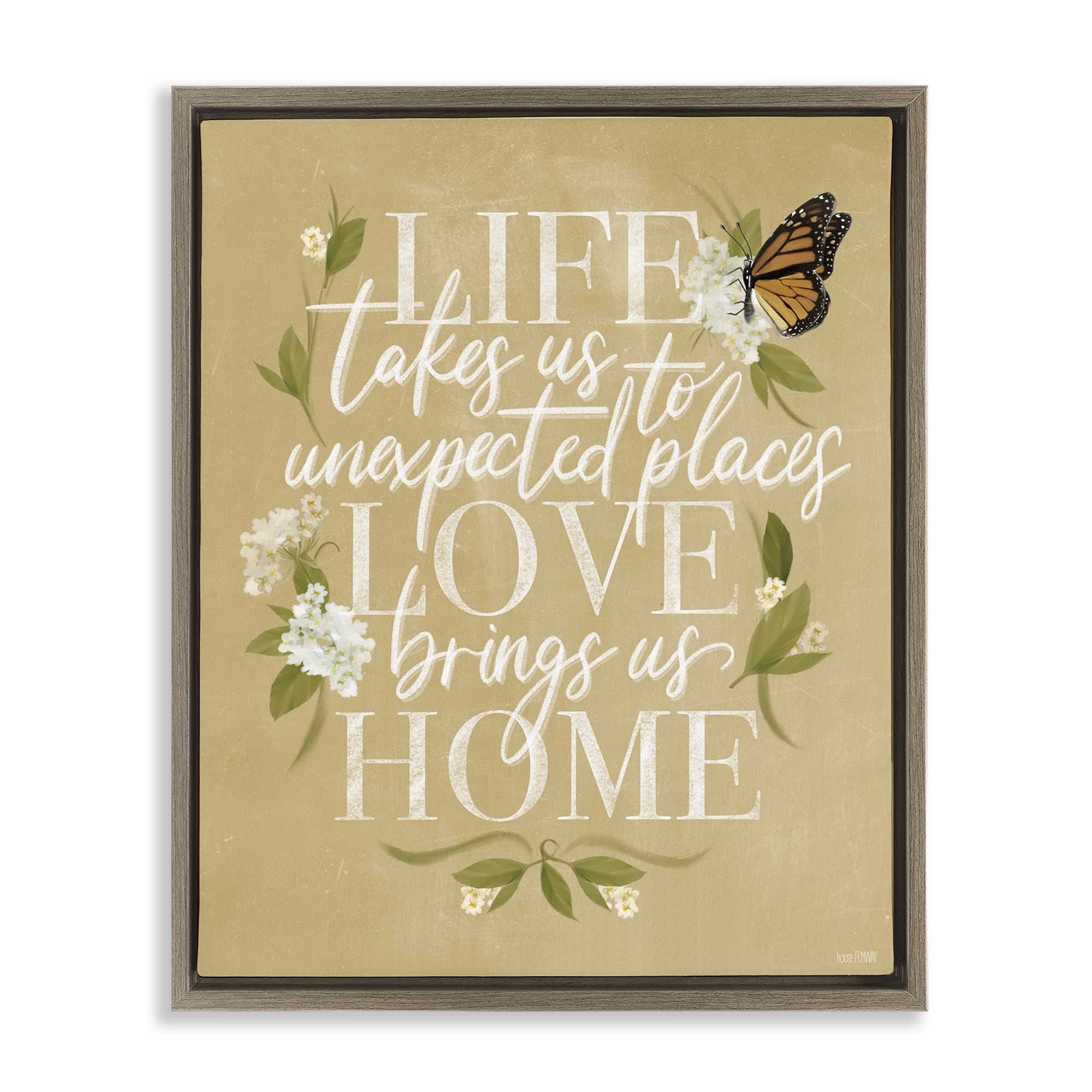 Stupell Industries Love Brings Us Home Botanical & Floral Painting Brown Floater Framed Art Print Wall Art, 17 x 21