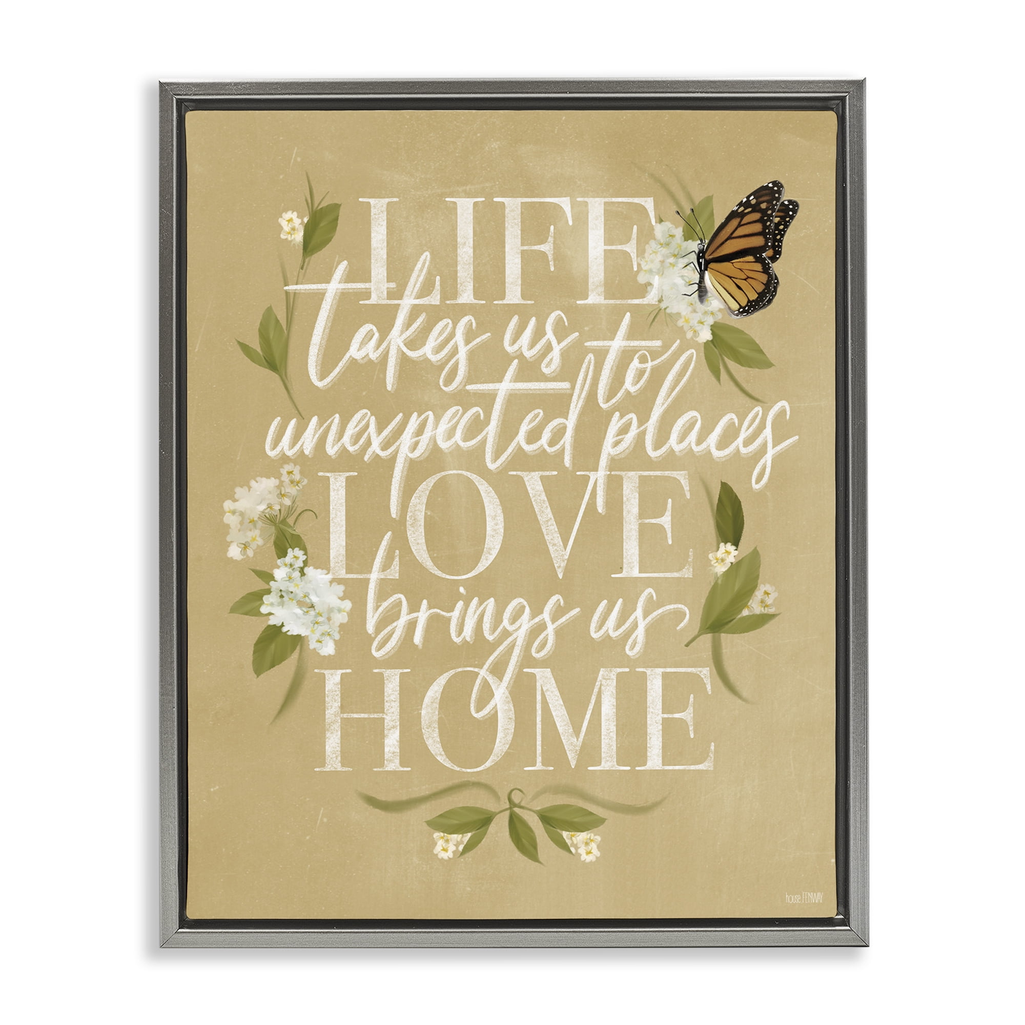 Stupell Industries Love Brings Us Home Botanical & Floral Painting Gray Floater Framed Art Print Wall Art, 25 x 31