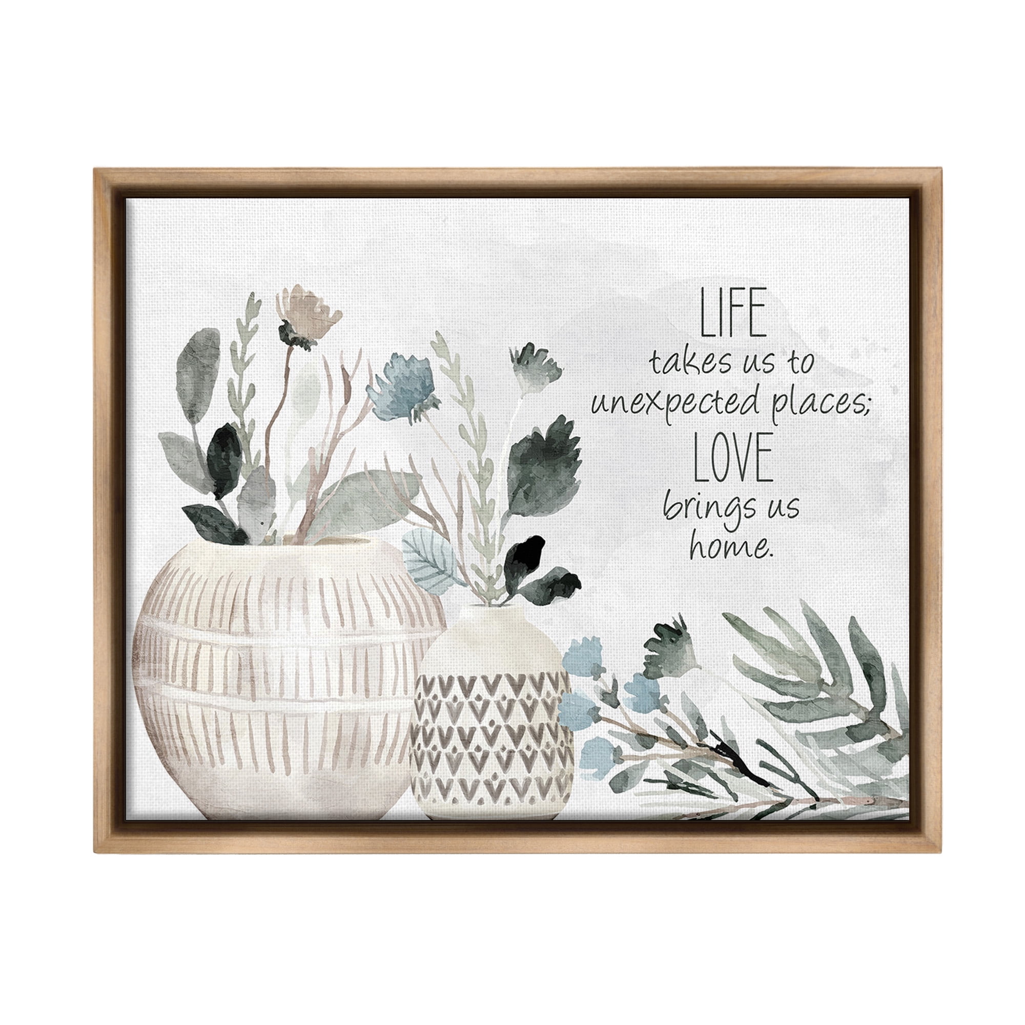 Stupell Industries Love Brings Us Home Inspirational Painting Brown Floater Framed Canvas Art Print Wall Art, 31 x 25