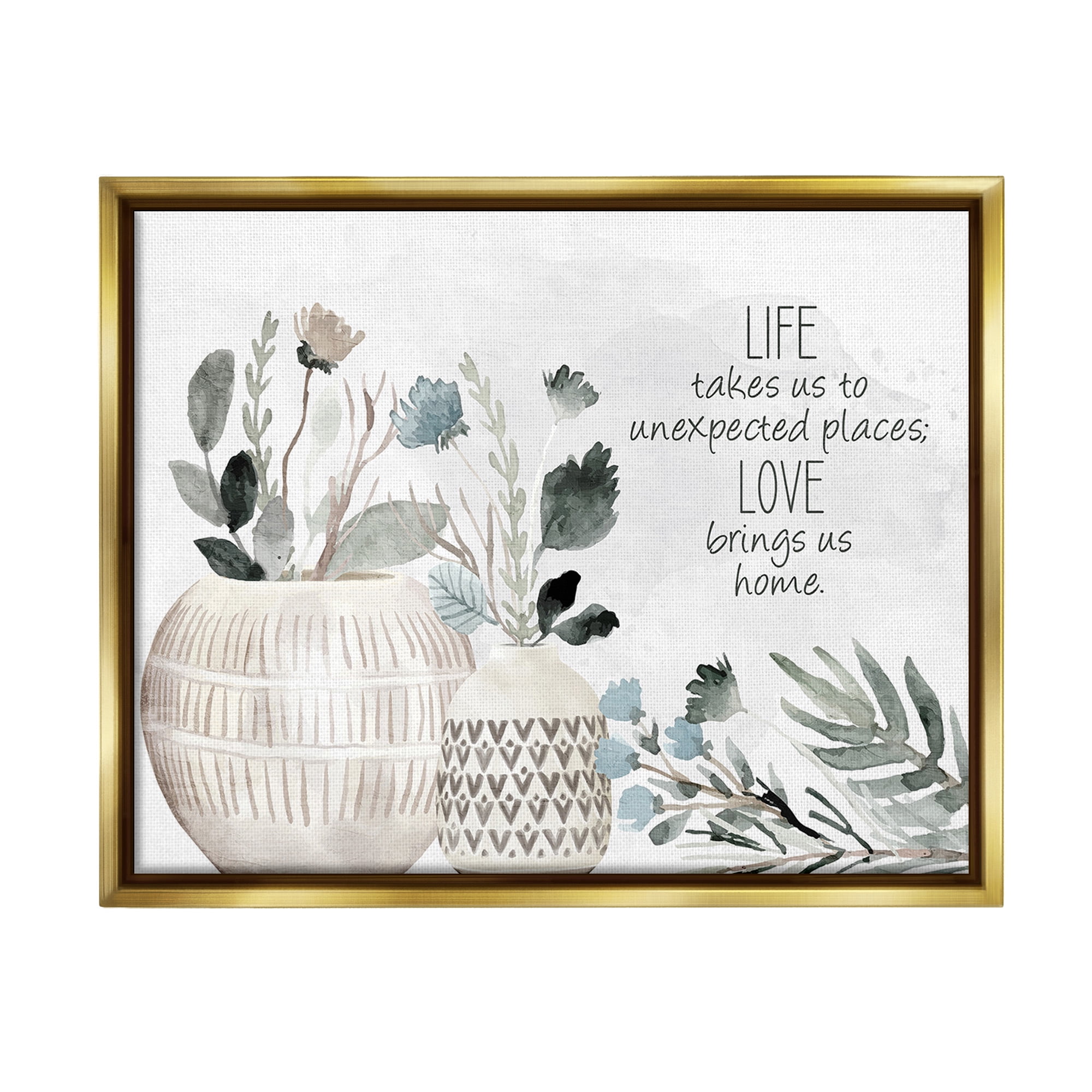Stupell Industries Love Brings Us Home Inspirational Painting Gold Floater Framed Canvas Art Print Wall Art, 21 x 17