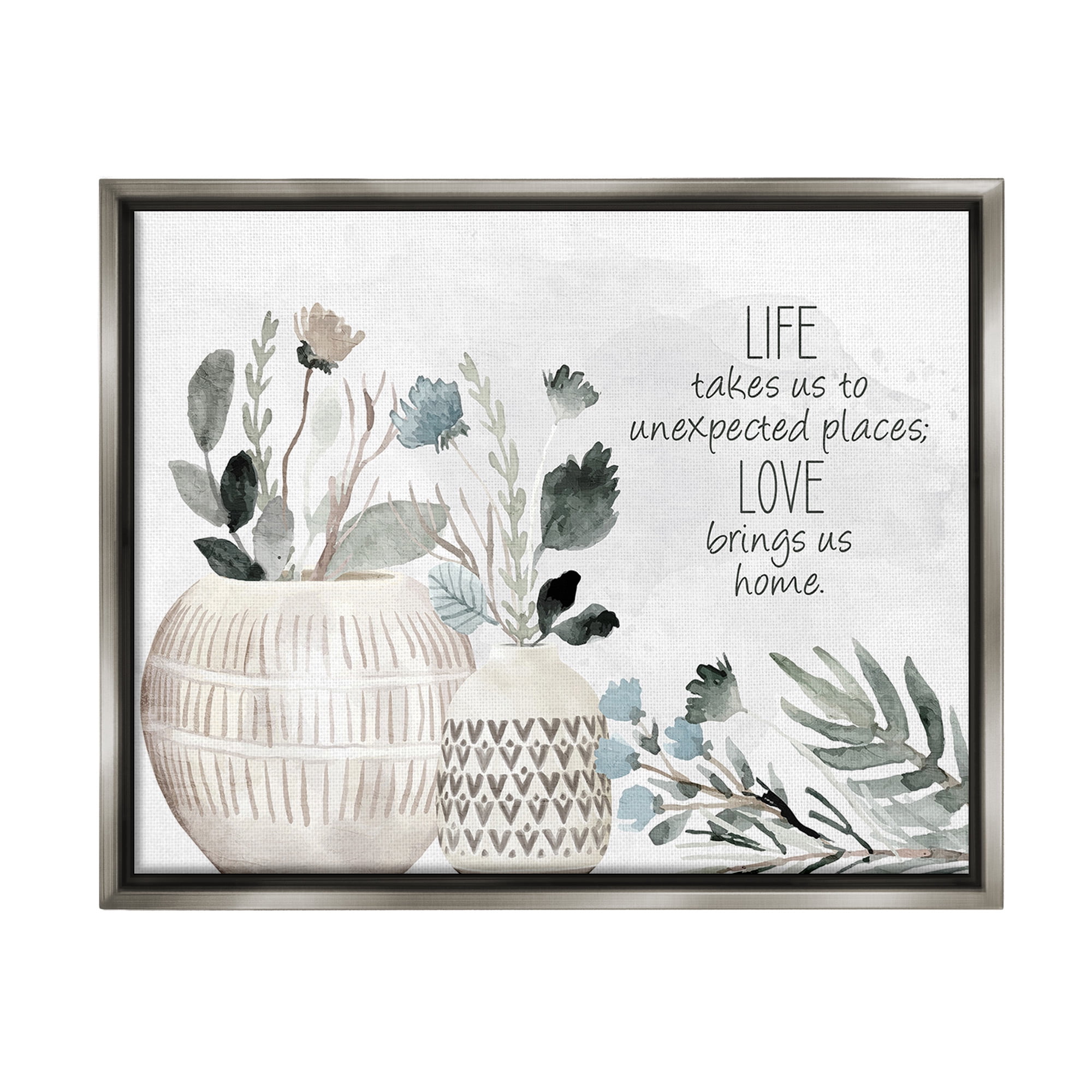Stupell Industries Love Brings Us Home Inspirational Painting Gray Floater Framed Canvas Art Print Wall Art, 21 x 17