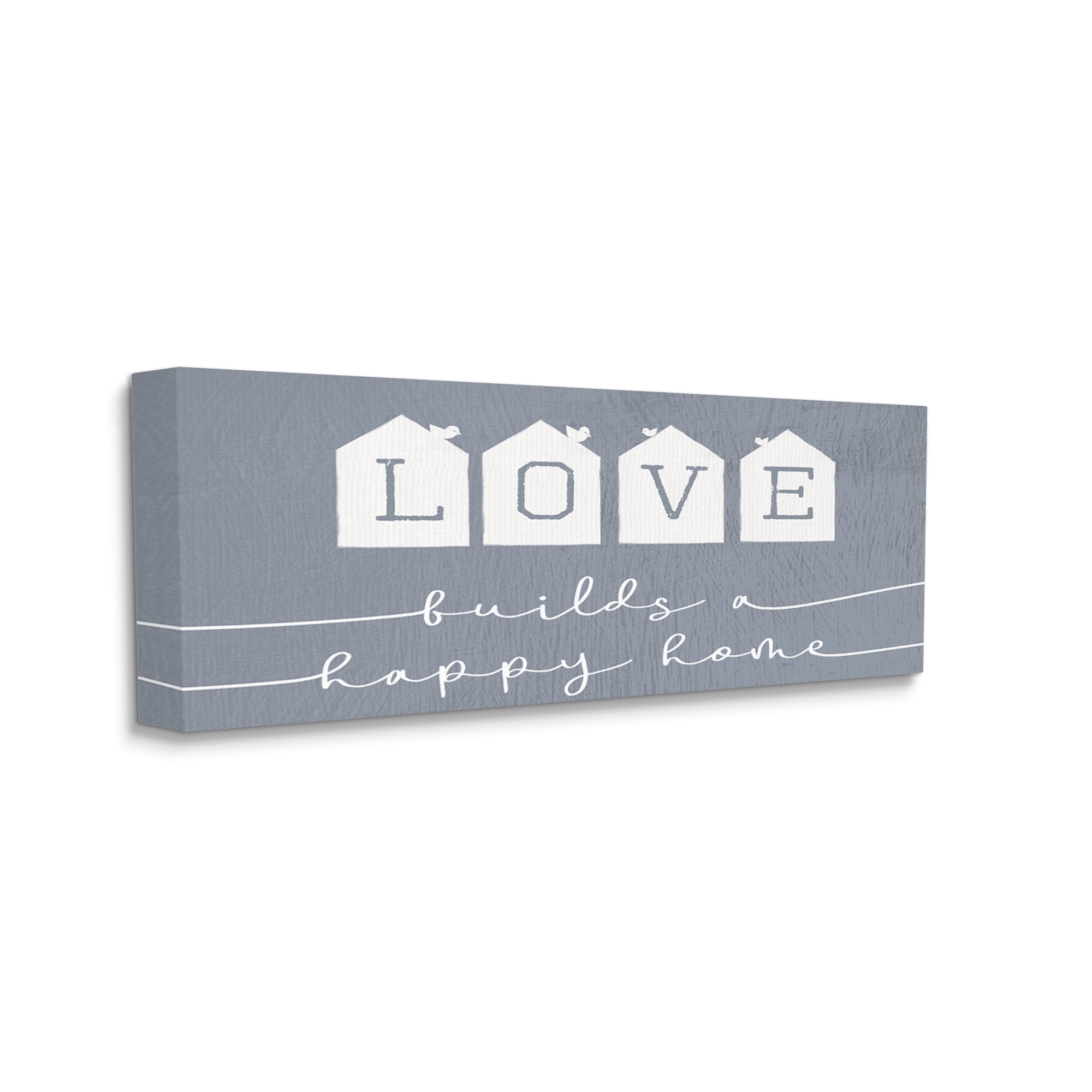 Stupell Industries Love Builds a Happy Home Phrase Blue Neighborhood Inspirational Painting Gallery Wrapped Canvas Art Print Wall Art, 10 x 24