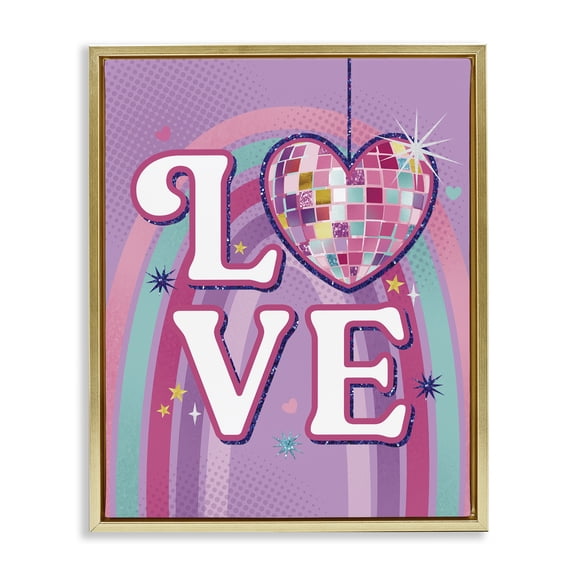 Stupell Industries Love Disco Heart Rainbow Gold Framed Floater Canvas Wall Art design by Courtney Morgenstern, 31 x 25