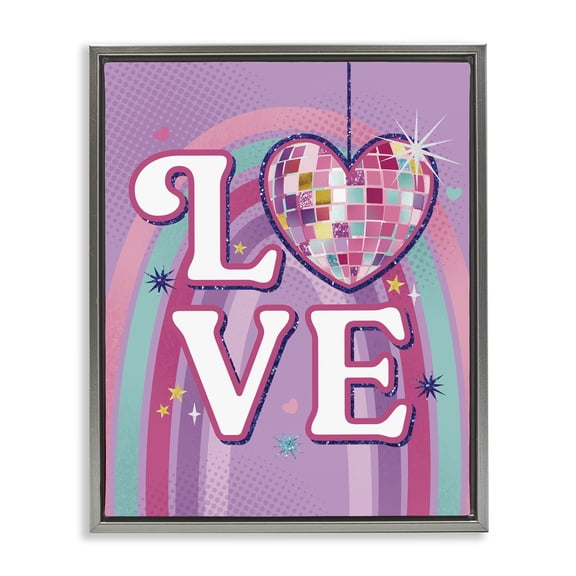 Stupell Industries Love Disco Heart Rainbow Gray Framed Floater Canvas Wall Art design by Courtney Morgenstern, 21 x 17
