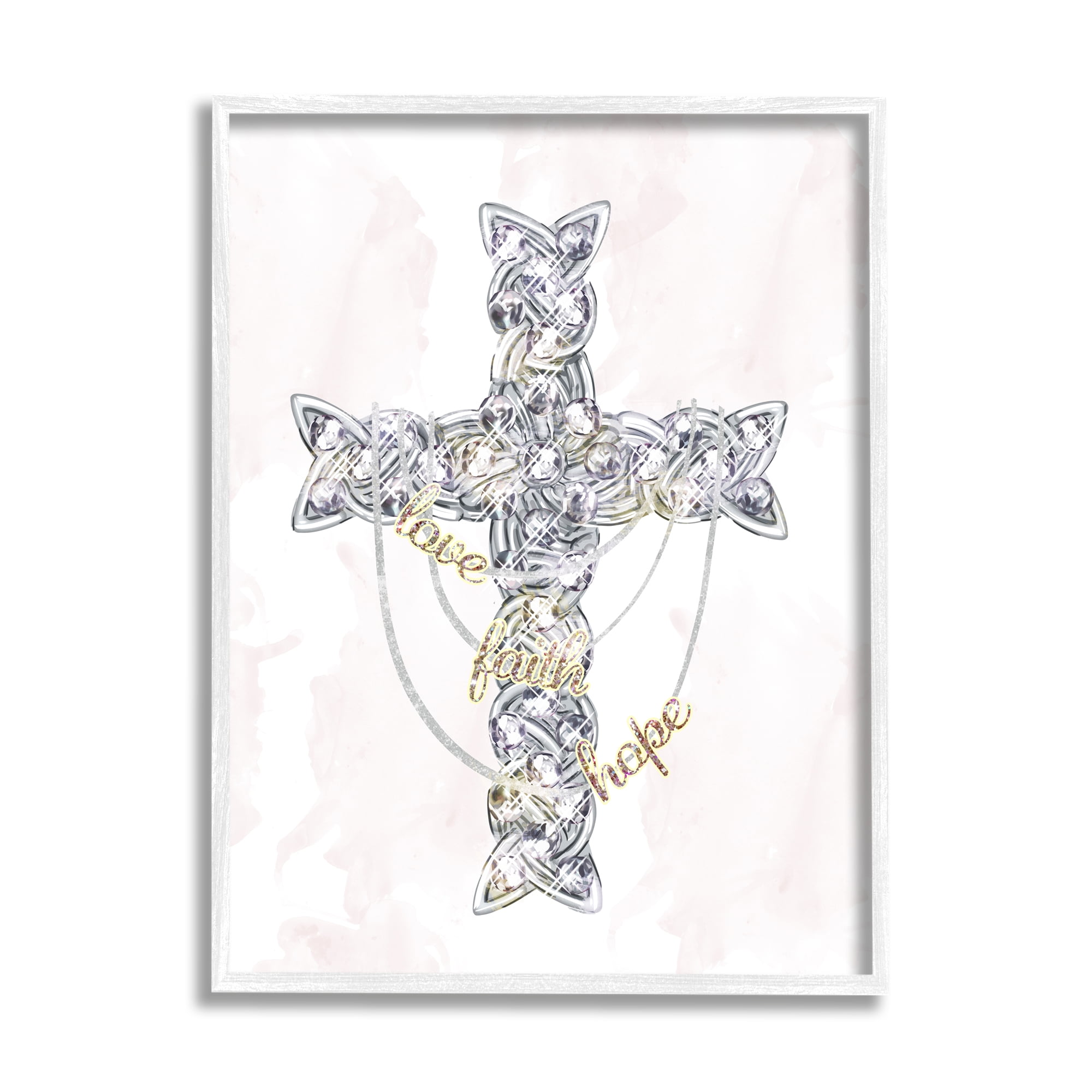 Stupell Industries Love Faith Hope Sentiment Glam Design Cross Religious Painting White Framed Art Print Wall Art, 24 x 30