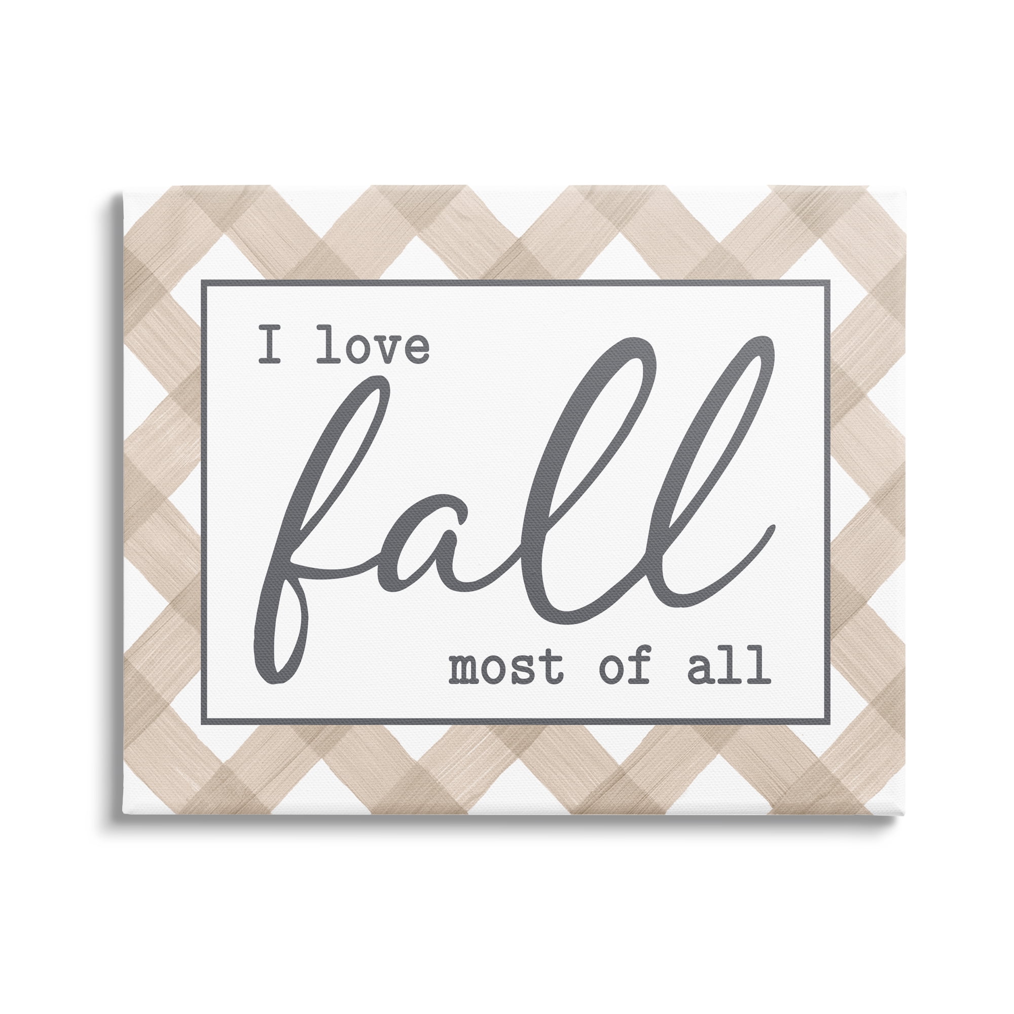 Stupell Industries Love Fall Most Of All Autumn Calligraphy Plaid Sign Graphic Art Gallery Wrapped Canvas Print Wall Art, Design by Lettered and Lined