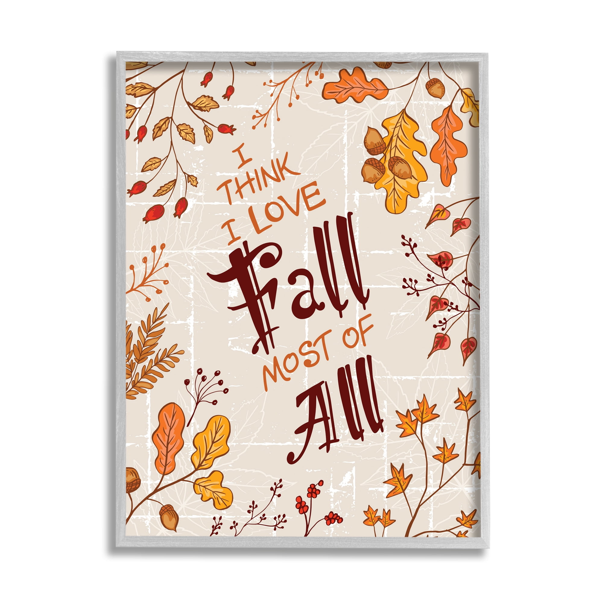 Stupell Industries Love Fall Leaf Border Botanical & Floral Painting Gray Framed Art Print Wall Art, 24 x 30