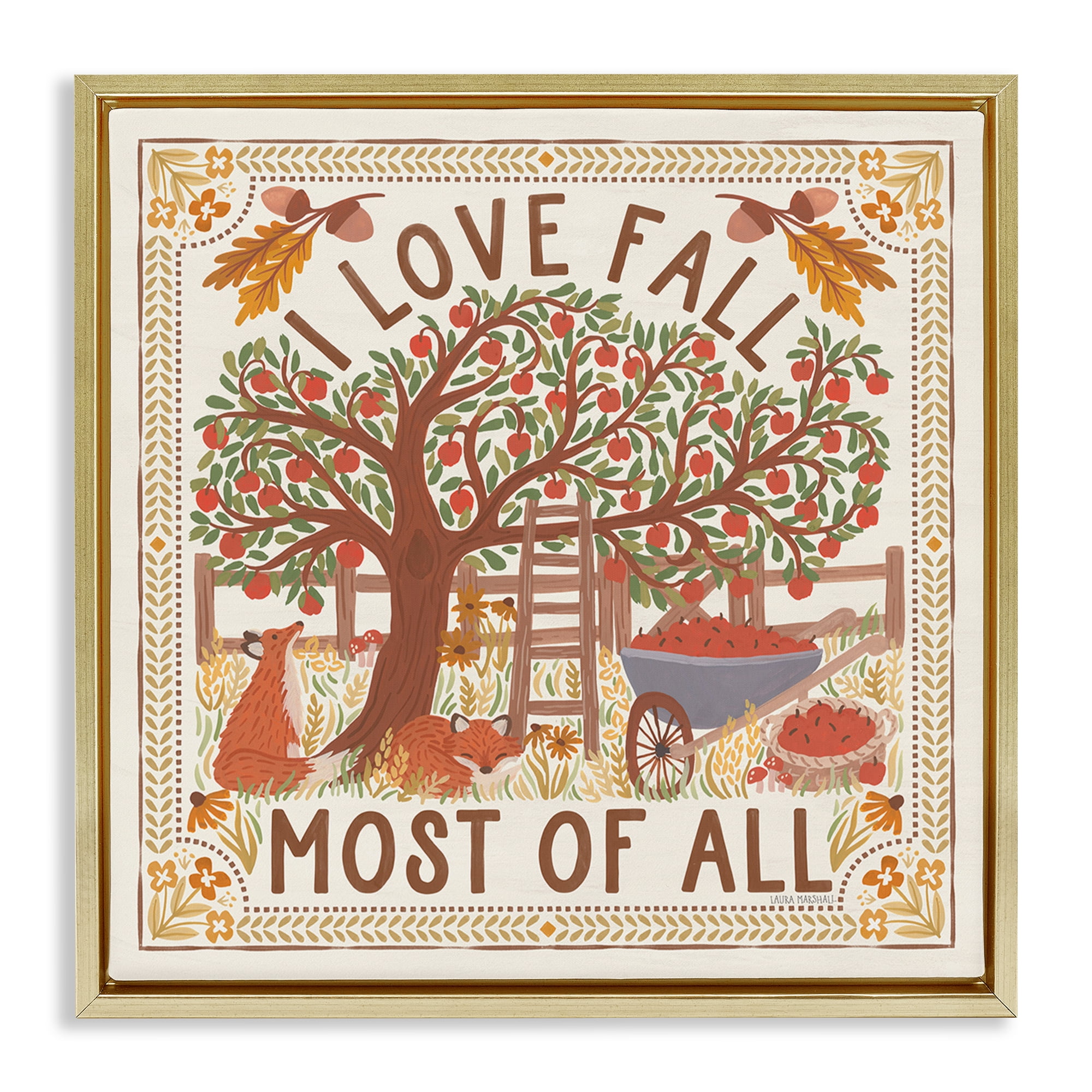 Stupell Industries Love Fall Scenery Landscape Painting Gold Floater Framed Art Print Wall Art, 18 x 18