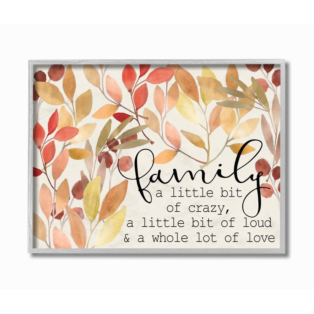 Stupell Industries Love Family Home Inspirational Word Leaves Red Yellow Design Gray Farmhouse Rustic Framed Giclee Texturized Art by Kimberly Allen