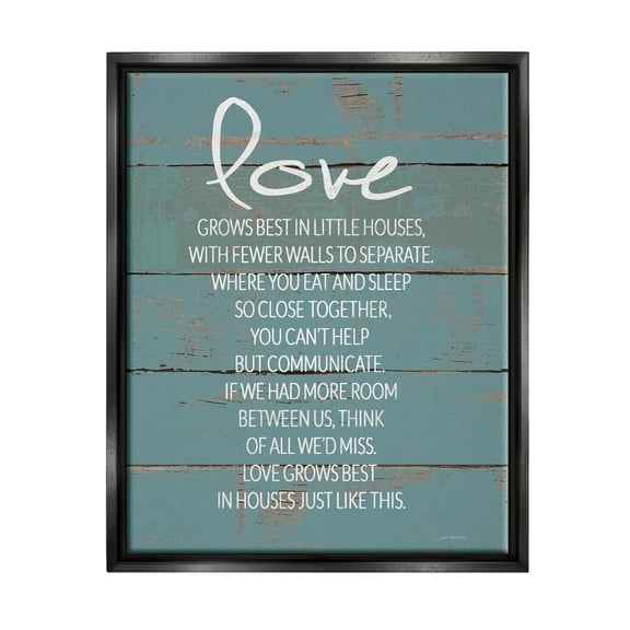 Stupell Industries Love Grows Best in Little Houses Distressed Teal Shiplap Metallic Gold Framed Floating Canvas Wall Art, 24x30, by Jo Moulton