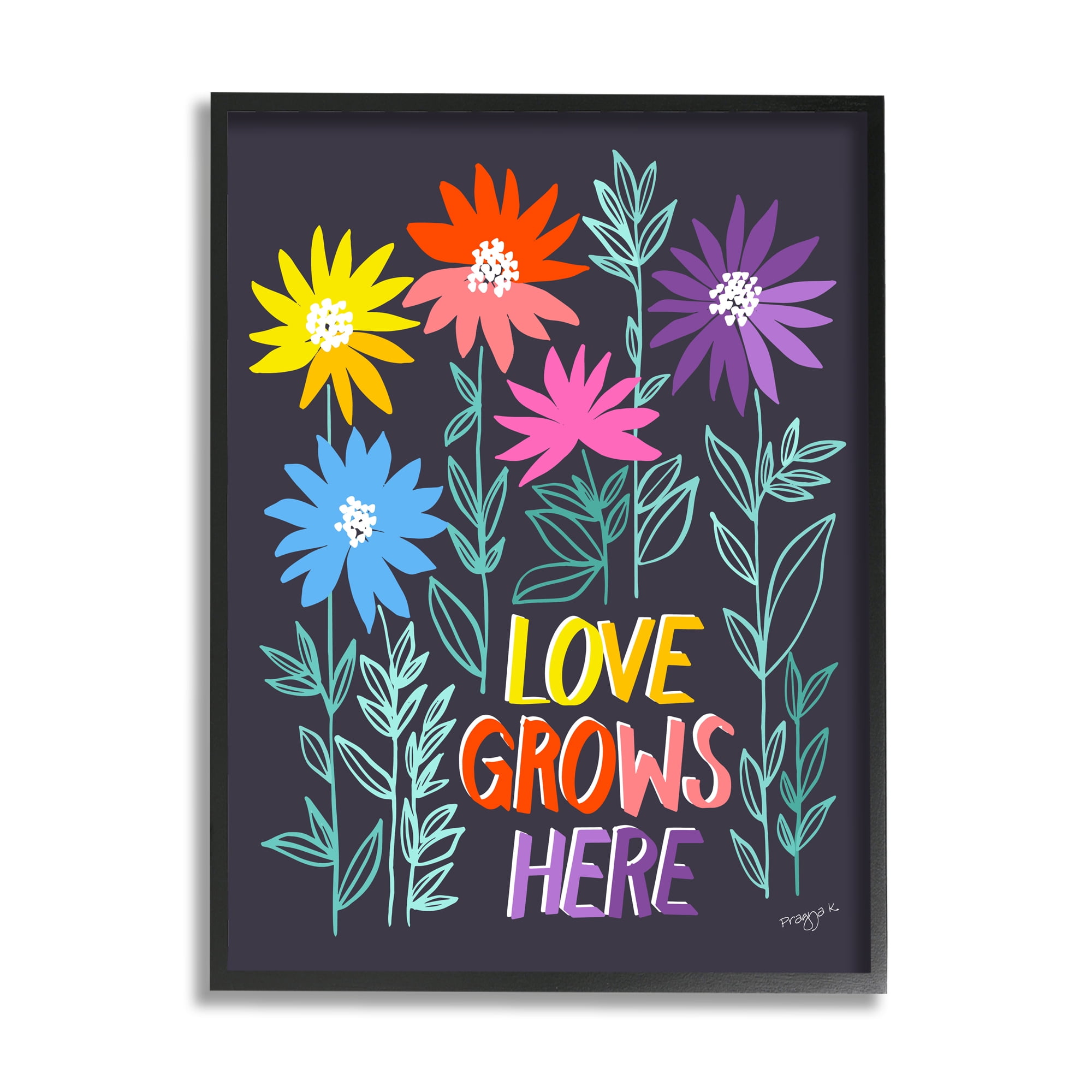 Stupell Industries Love Grows Here Phrase Botanical & Floral Painting Black Framed Art Print Wall Art, 24 x 30