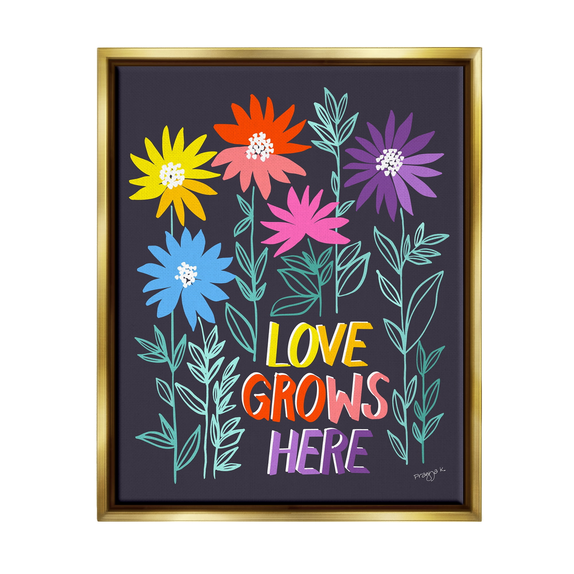 Stupell Industries Love Grows Here Phrase Botanical & Floral Painting Gold Floater Framed Canvas Art Print Wall Art, 17 x 21