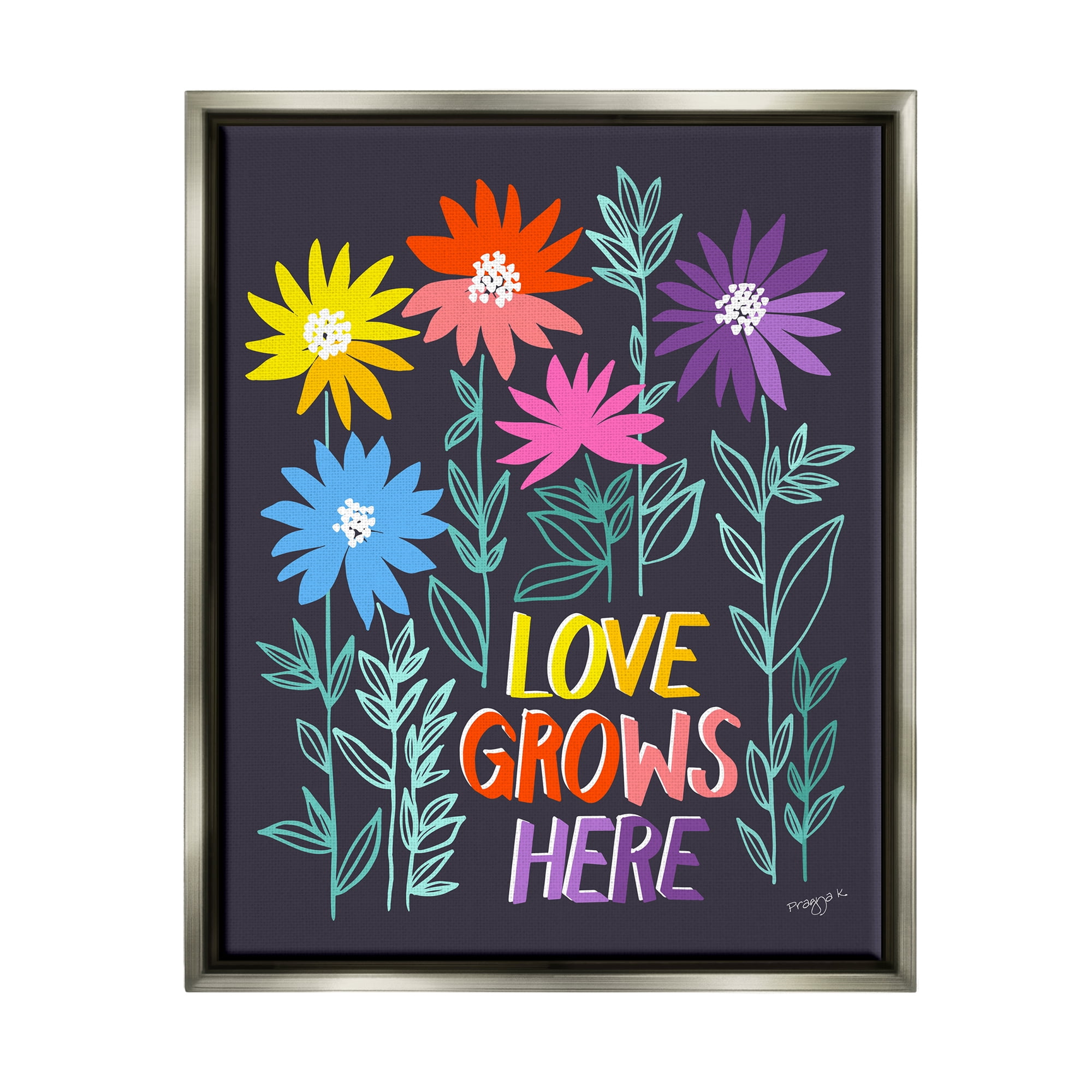 Stupell Industries Love Grows Here Phrase Botanical & Floral Painting Gray Floater Framed Canvas Art Print Wall Art, 17 x 21