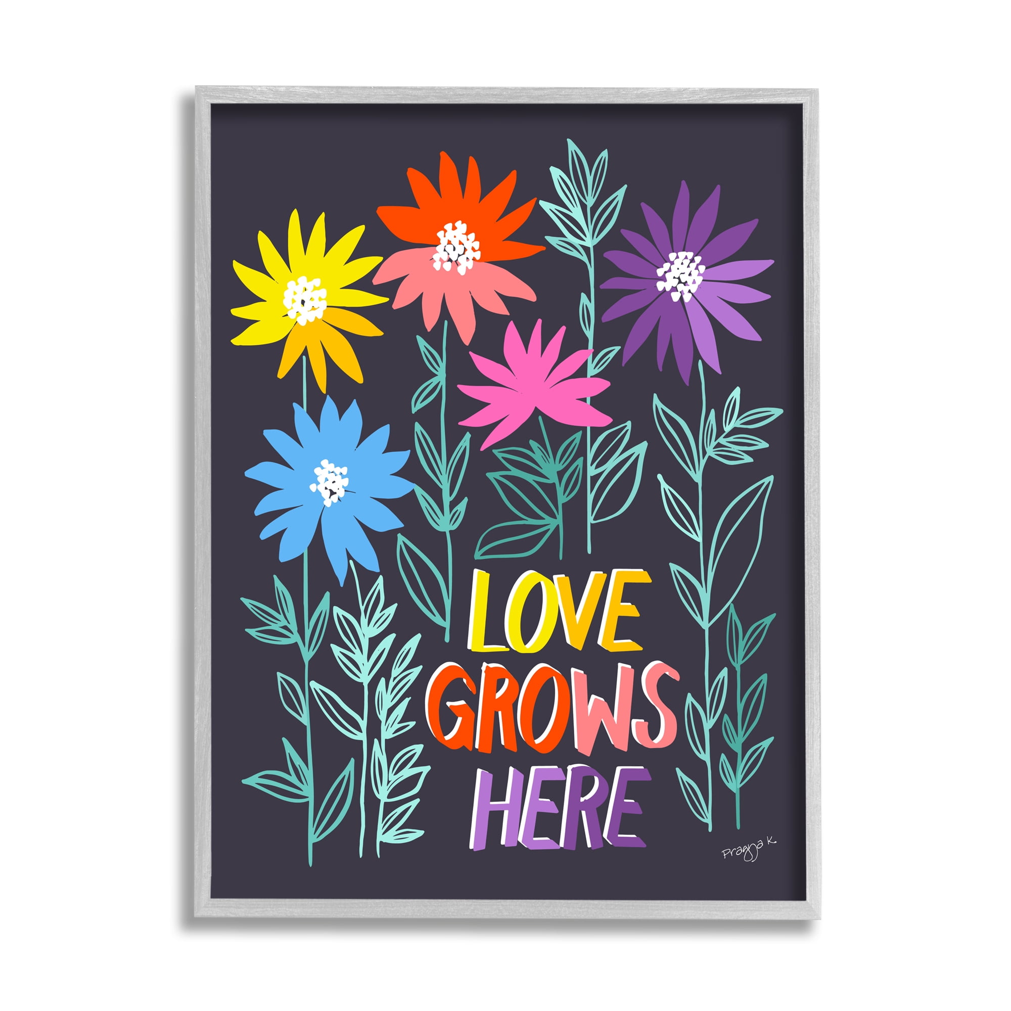 Stupell Industries Love Grows Here Phrase Botanical & Floral Painting Gray Framed Art Print Wall Art, 11 x 14