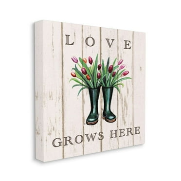 Stupell Industries Love Grows Here Phrase Rainboot Tulip Bouquets Design by Elizabeth Tyndall, 24" x 24"