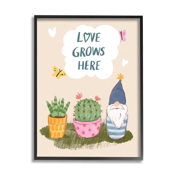 Stupell Industries Love Grows Here Phrase Succulents Butterflies Garden Gnome Framed Wall Art, 16 x 20, Design by Be Ni La