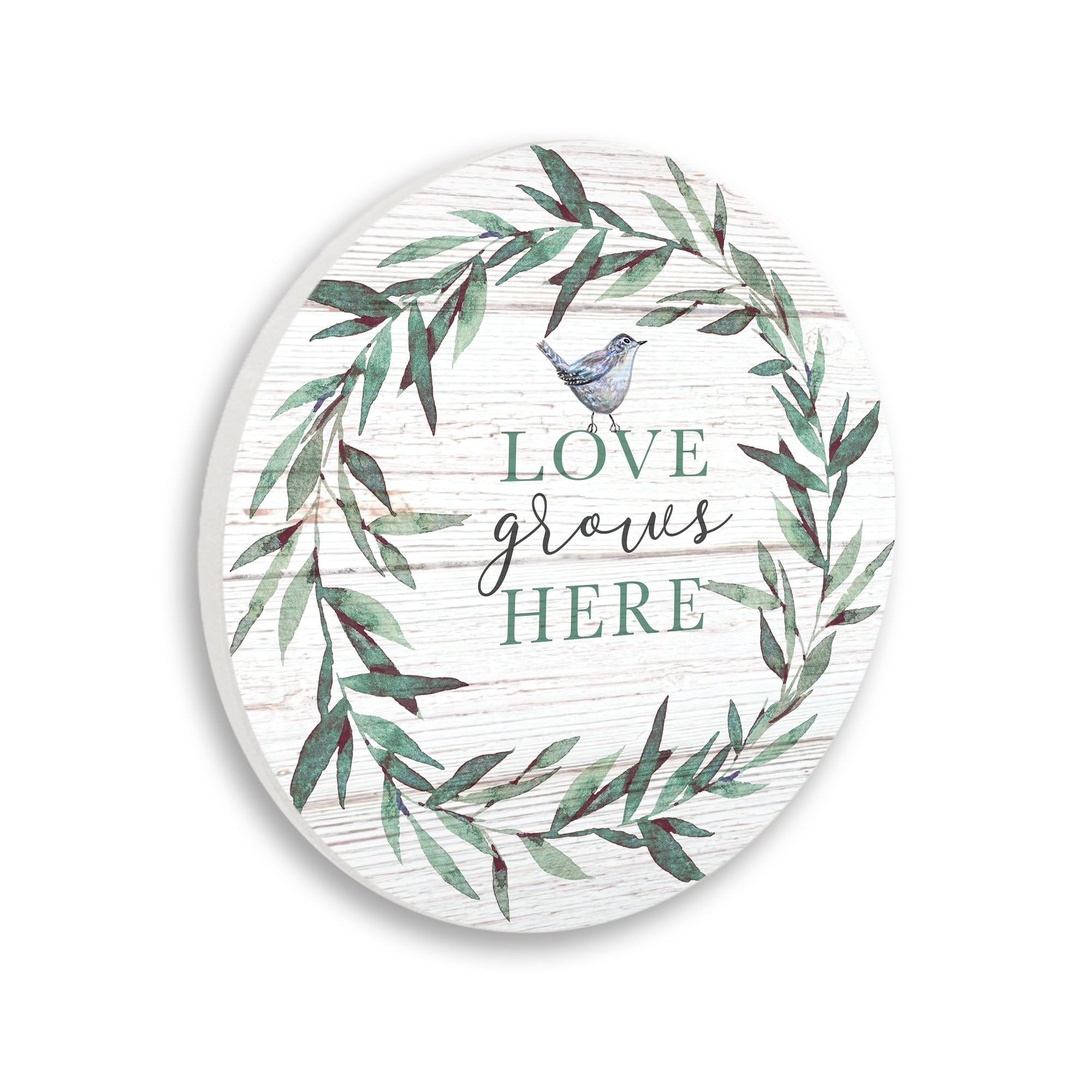 Stupell Industries Love Grows Here Sentiment Green Fern Wreath Blue Warbler,12 x 12,Design By Elizabeth Tyndall
