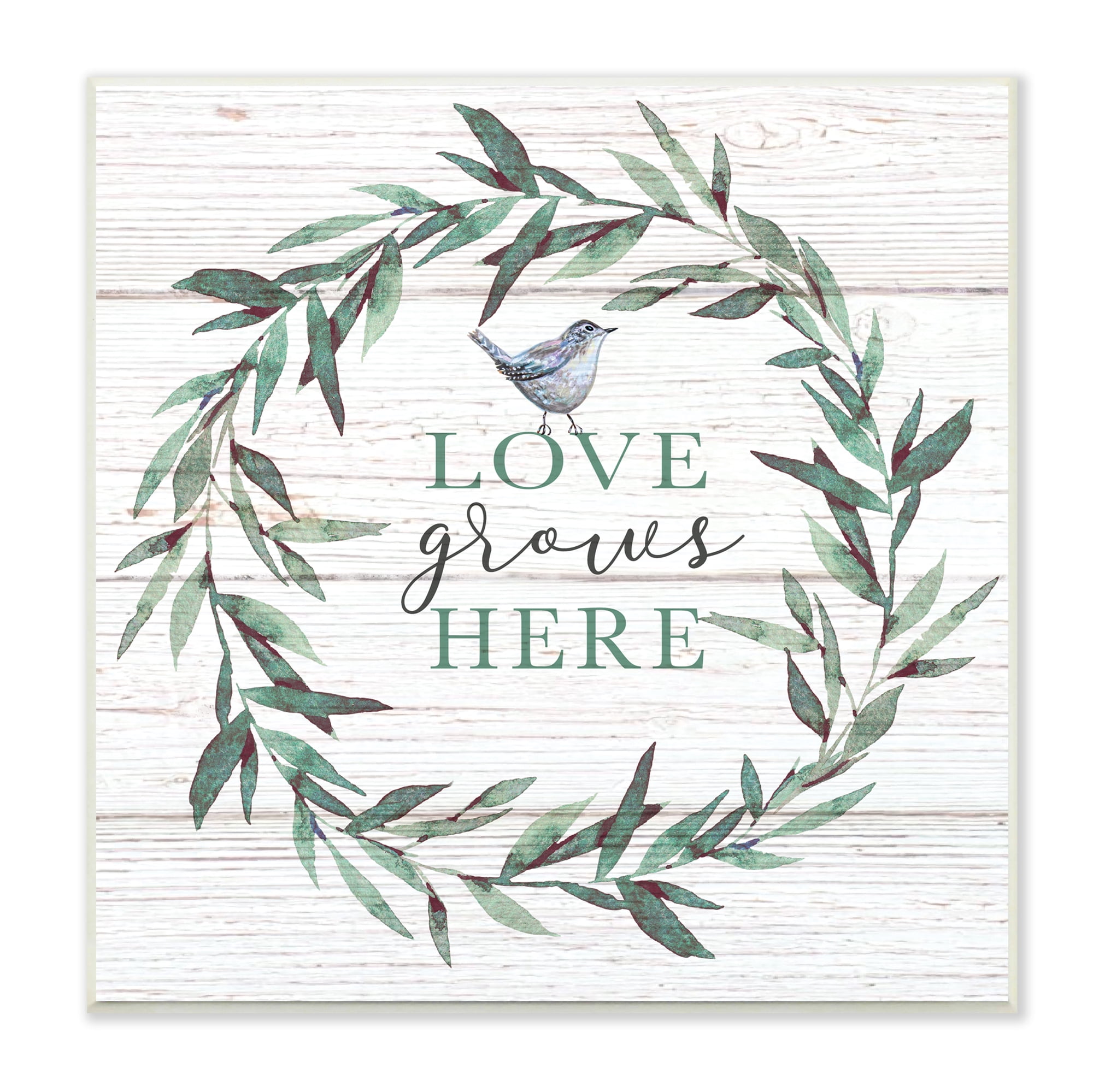 Stupell Industries Love Grows Here Sentiment Green Fern Wreath Blue Warbler, 12 x 12, Designed by Elizabeth Tyndall