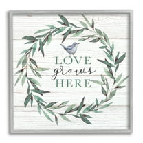 Stupell Industries Love Grows Here Sentiment Green Fern Wreath Blue Warbler, 12 x 12, Designed by Elizabeth Tyndall