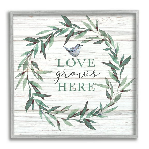 Stupell Industries Love Grows Here Sentiment Green Fern Wreath Blue Warbler, 12 x 12, Designed by Elizabeth Tyndall