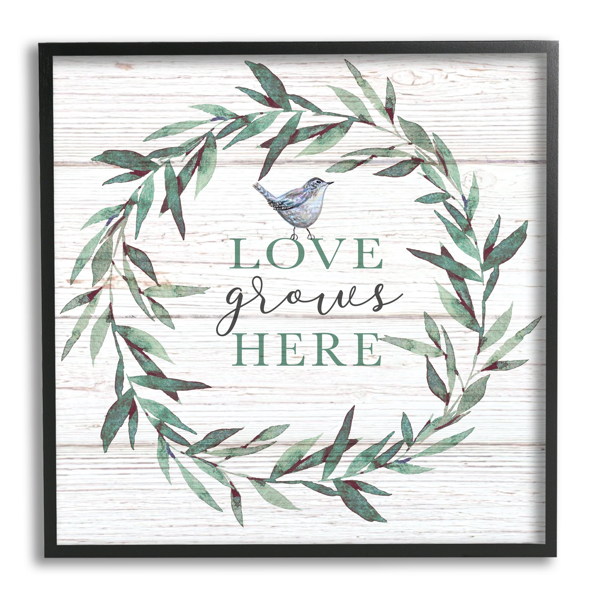 Stupell Industries Love Grows Here Sentiment Green Fern Wreath Blue Warbler, 24 x 24, Designed by Elizabeth Tyndall