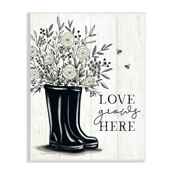 Stupell Industries Love Grows Here White Roses Black Rainboots Sign,10 x 15, Design by Elizabeth Tyndall