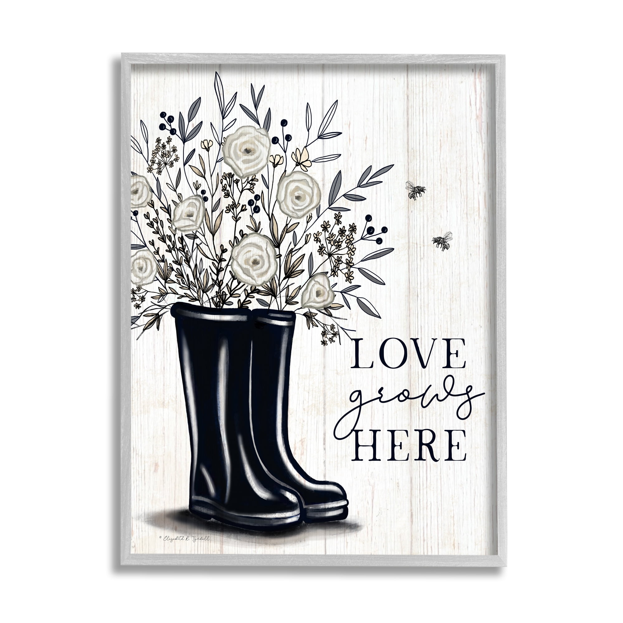 Stupell Industries Love Grows Here White Roses Black Rainboots Sign,11 x 14, Design by Elizabeth Tyndall