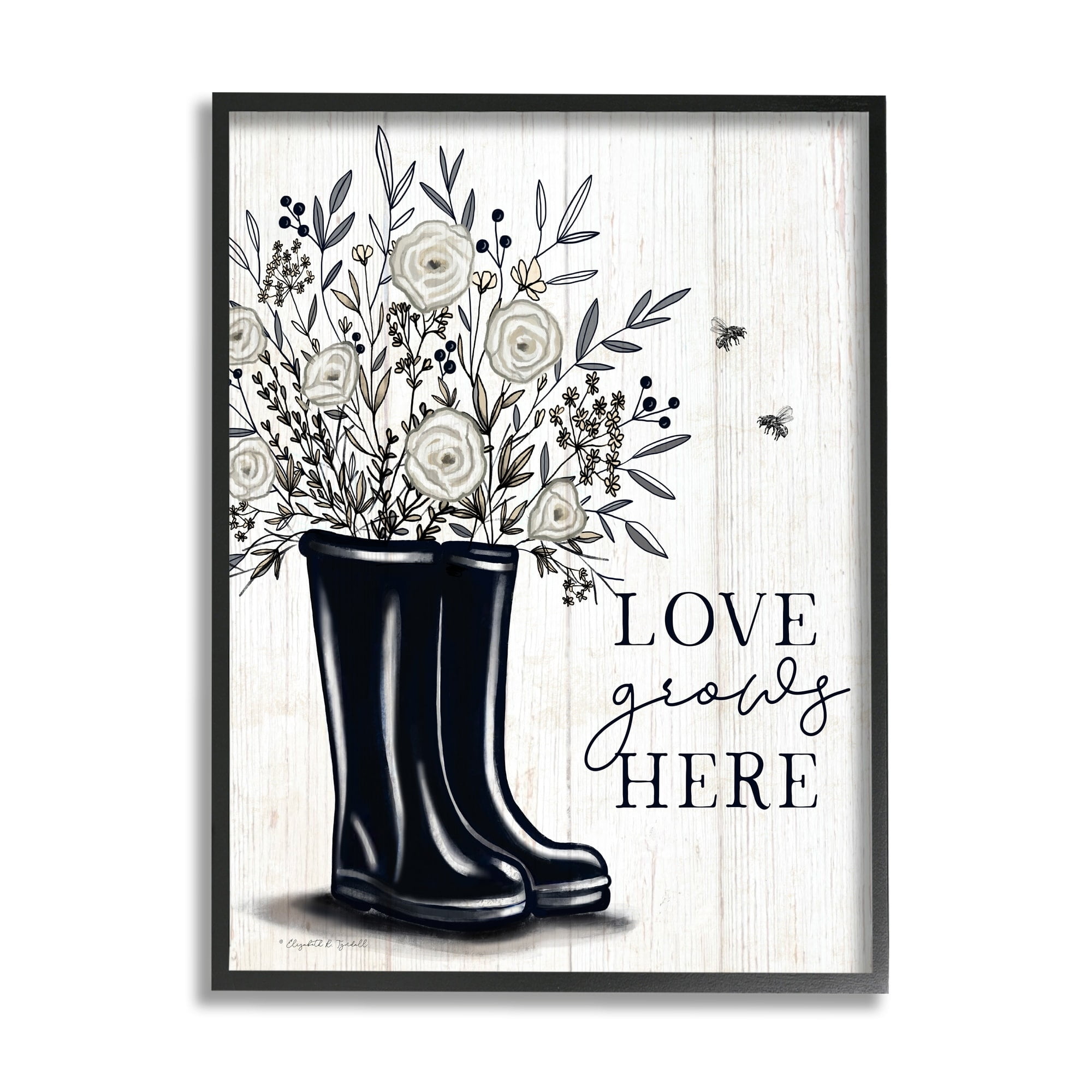 Stupell Industries Love Grows Here White Roses Black Rainboots Sign,11 x 14, Design by Elizabeth Tyndall