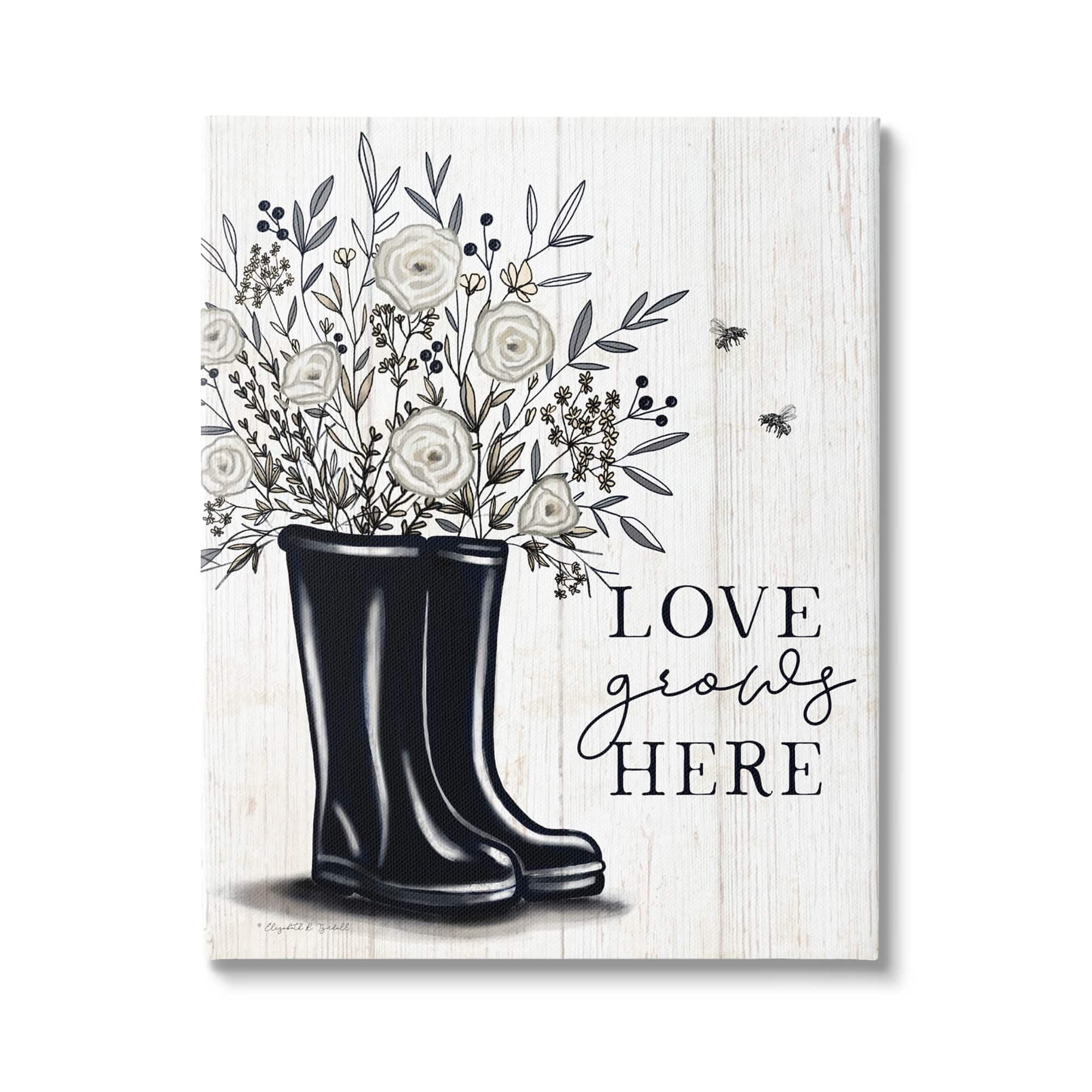 Stupell Industries Love Grows Here White Roses Black Rainboots Sign,30 x 40, Design by Elizabeth Tyndall