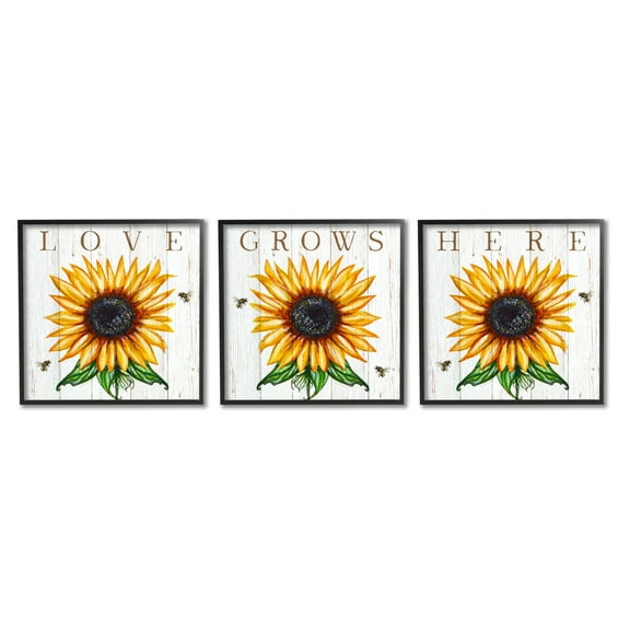Stupell Industries Love Grows Here Phrase Yellow Sunflowers Honey Bees Graphic Art Black Framed Art Print Wall Art Set of 3, 12x12, by Elizabeth Tyndall