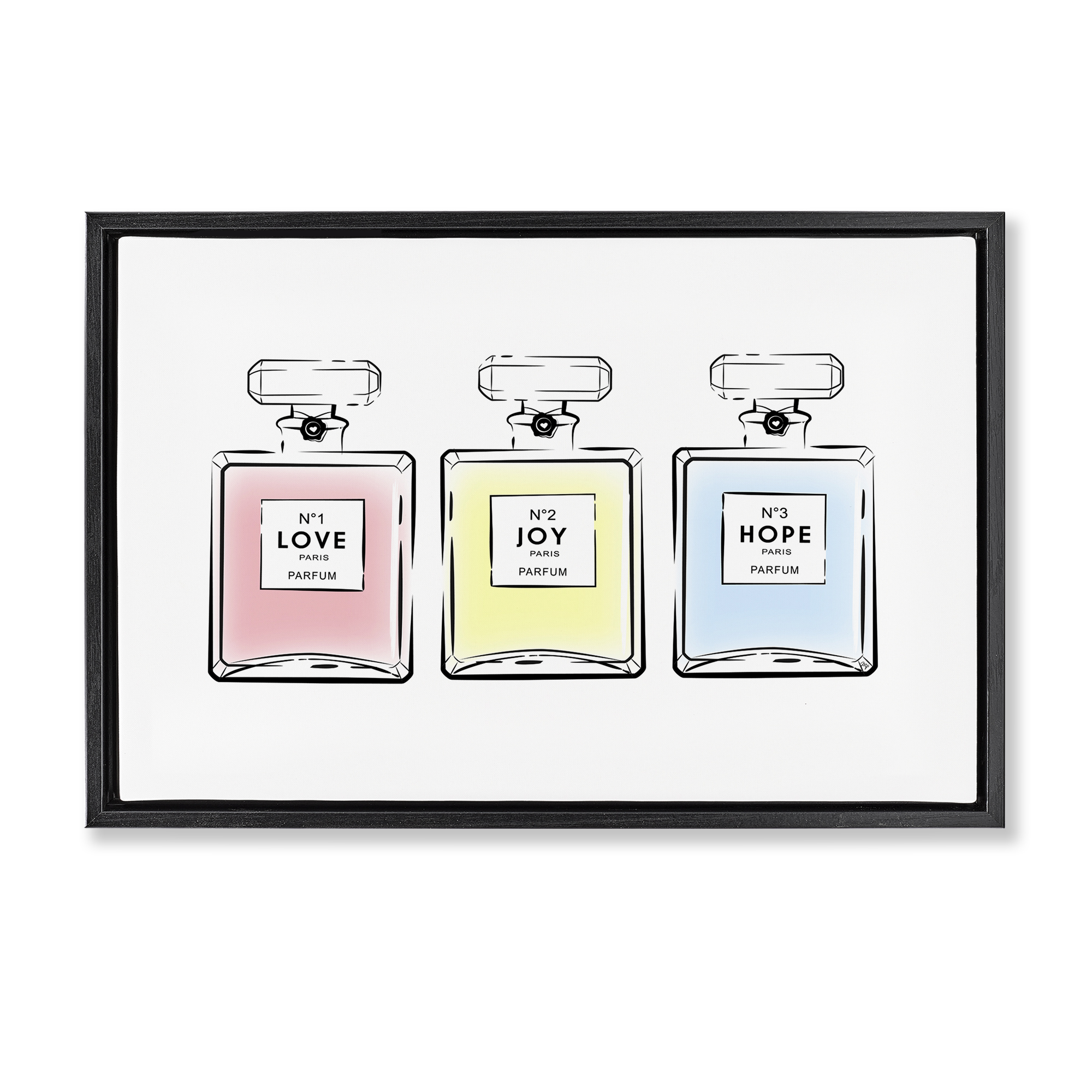 Stupell Industries Love Hope Joy Perfumes Fashion Painting Black Floater Framed Canvas Art Print Wall Art, 31 x 21