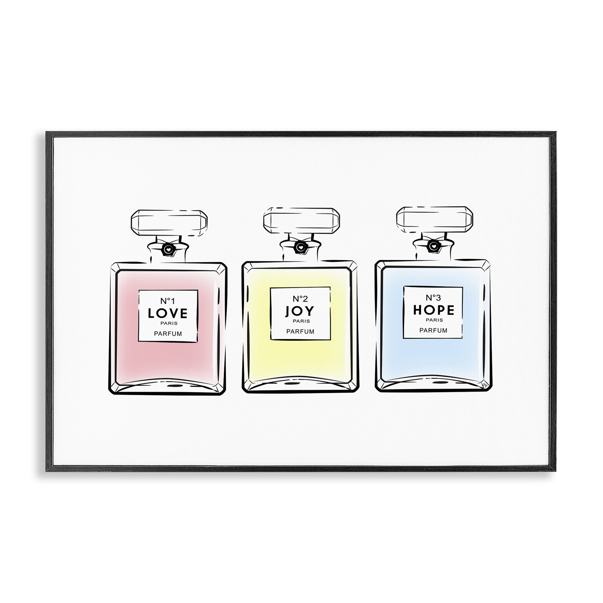 Stupell Industries Love Hope Joy Perfumes Fashion Painting Black Framed Art Print Wall Art, 18 x 12
