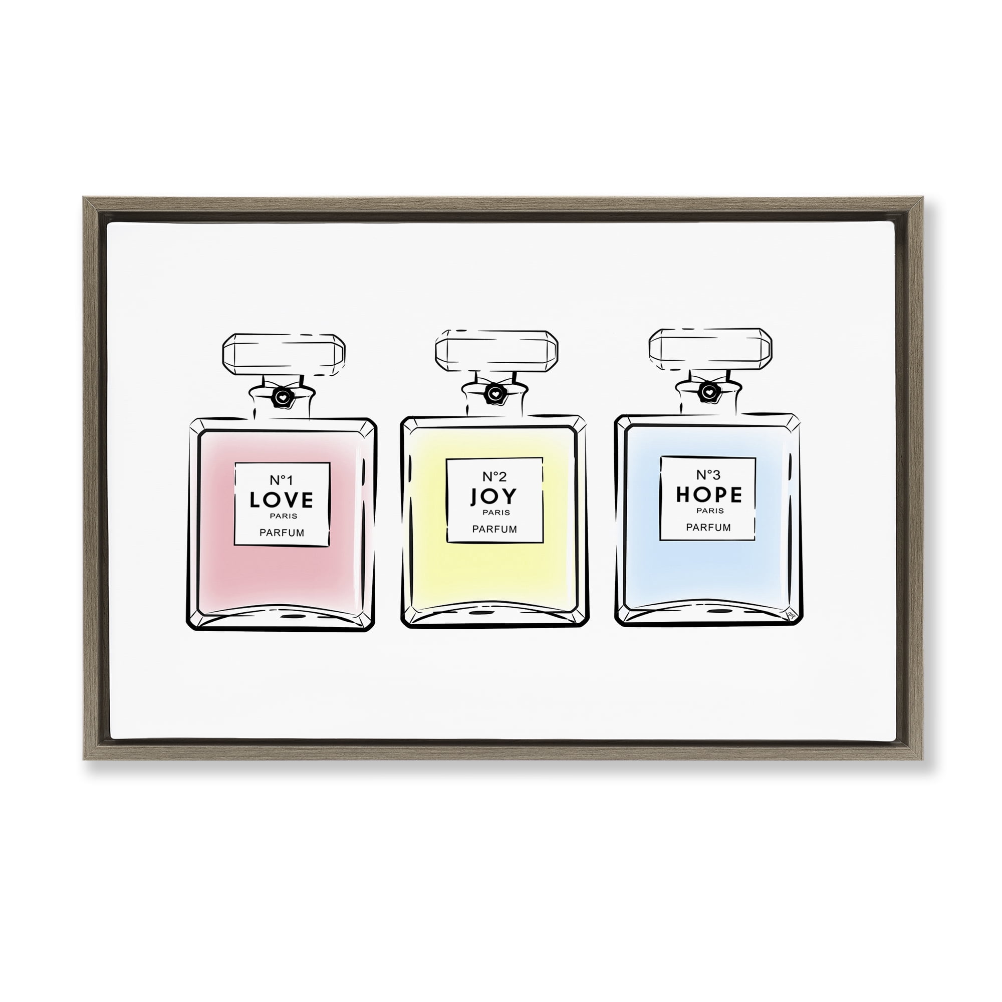 Stupell Industries Love Hope Joy Perfumes Fashion Painting Brown Floater Framed Canvas Art Print Wall Art, 31 x 21