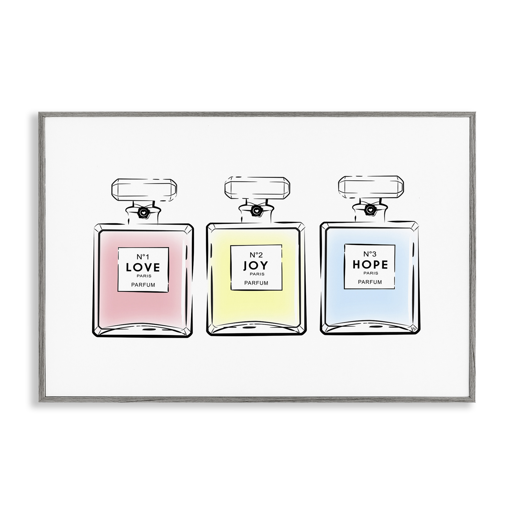 Stupell Industries Love Hope Joy Perfumes Fashion Painting Gray Framed Art Print Wall Art, 18 x 12